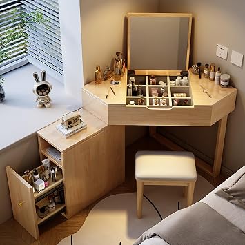 Solid Wood Corner Vanity Desk with Chair FlipTop Mirror Expandable Storage Cabinet Interchangeable Left and Right Dresser with Mirror Small Spaces Makeup Vanity Set (Natural)