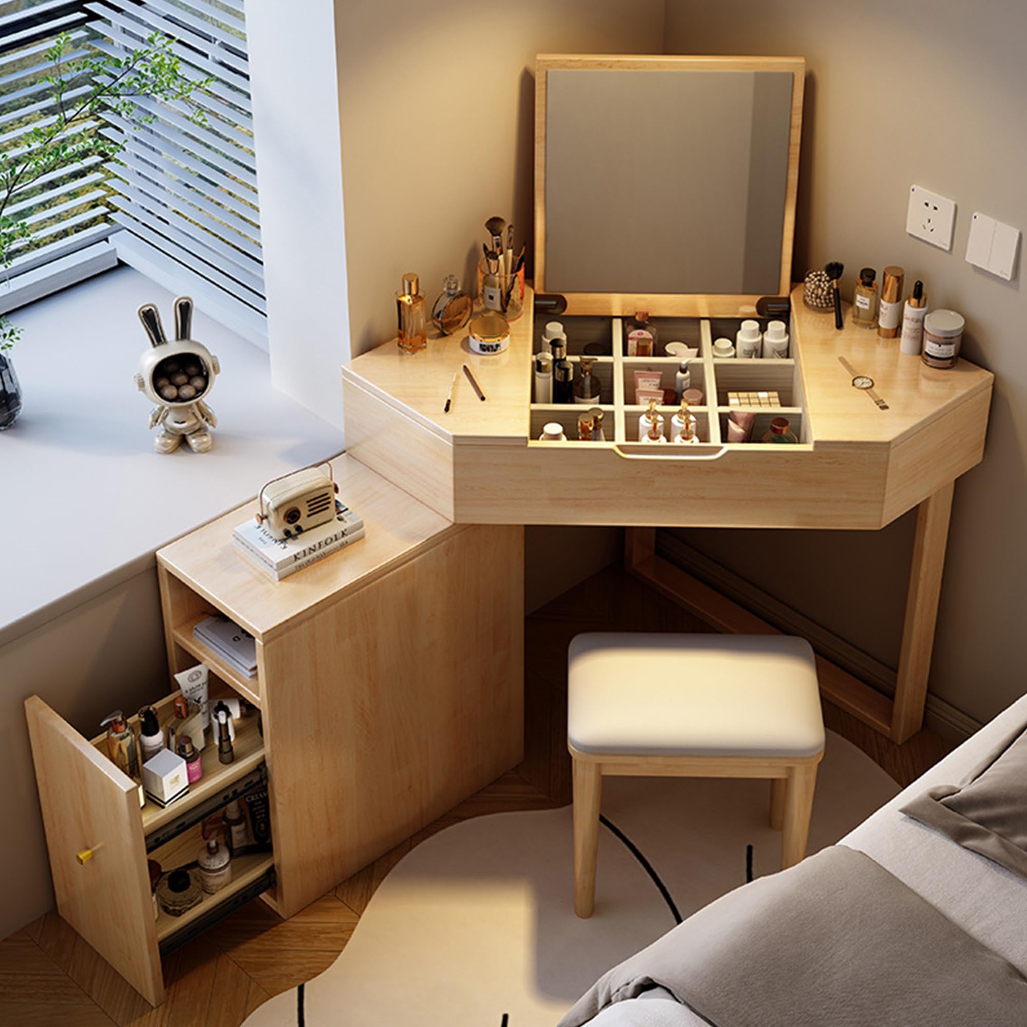 Esspoxi Vanity Desk with Chair, Solid Wood Corner Makeup Vanitys with Flip-Top Mirror, Expandable Storage Cabinet, Interchangeable Left and Right,