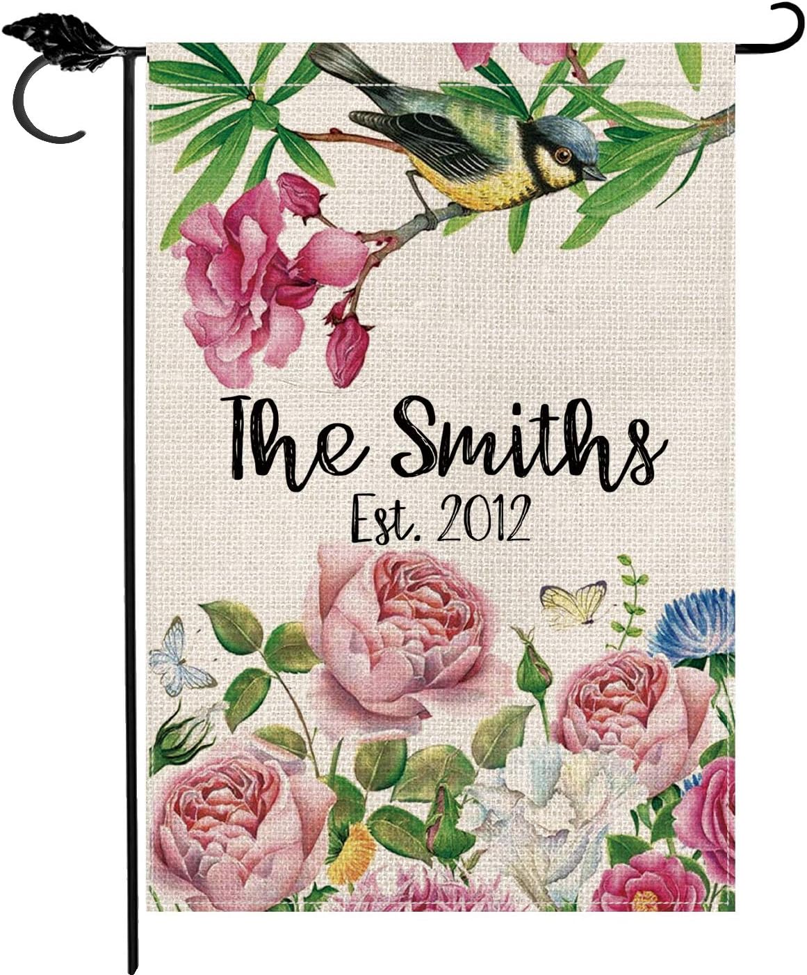 Smile Personalized Spring Easter Garden Flag, Customized Family Last Name and Establish Year Flower Wreath, Double Sided 28 x 40 Inch Rustic Farmhouse Burlap Yard Outdoor Decoration