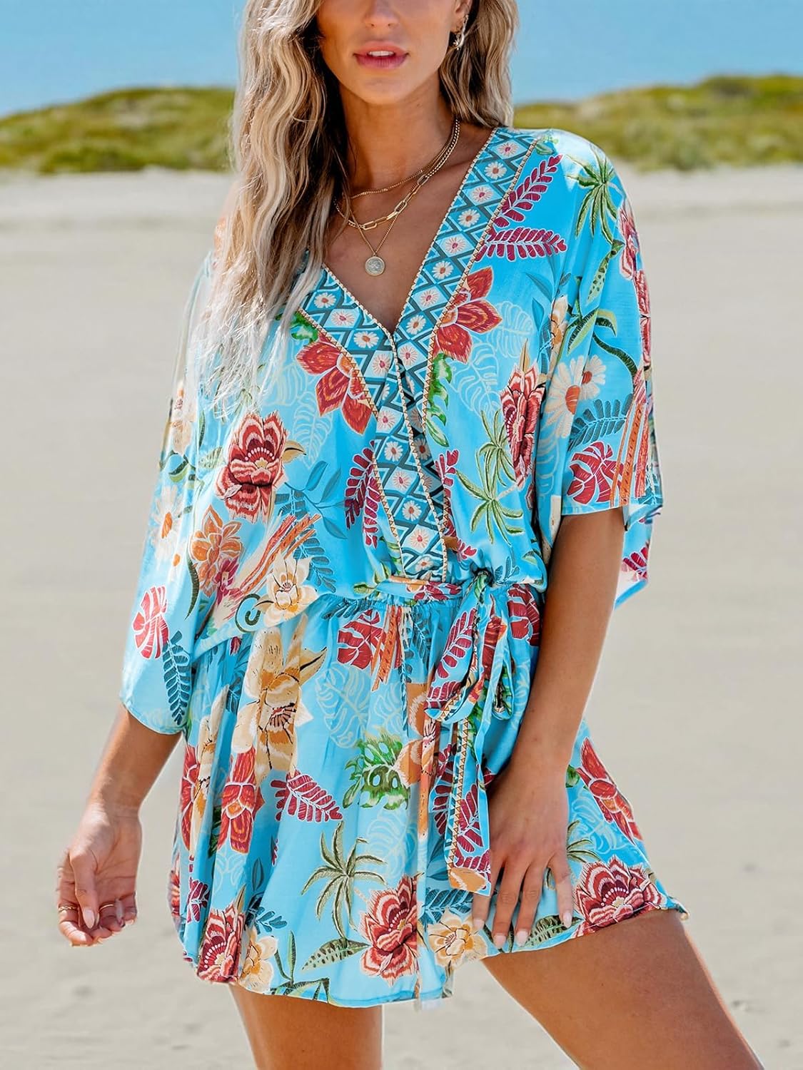 CUPSHE Women's Mini Dress V Neck Floral Half Dolman Sleeve Belted Loose Fit Short Summer Beach Dress - Image 8