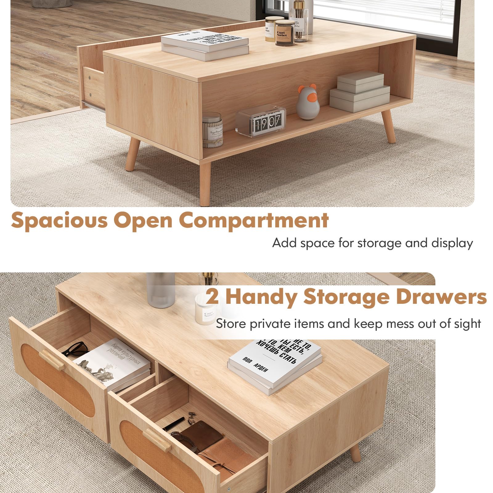 LIFEZEAL Mesa de Centro con 2 cajones y 1 Compartimento Grande, Mesa de salón con 4 Patas de Madera Maciza, Capacidad de Carga 60 KG, 100 x 50 x 41 CM, Natural, Estilo rústico