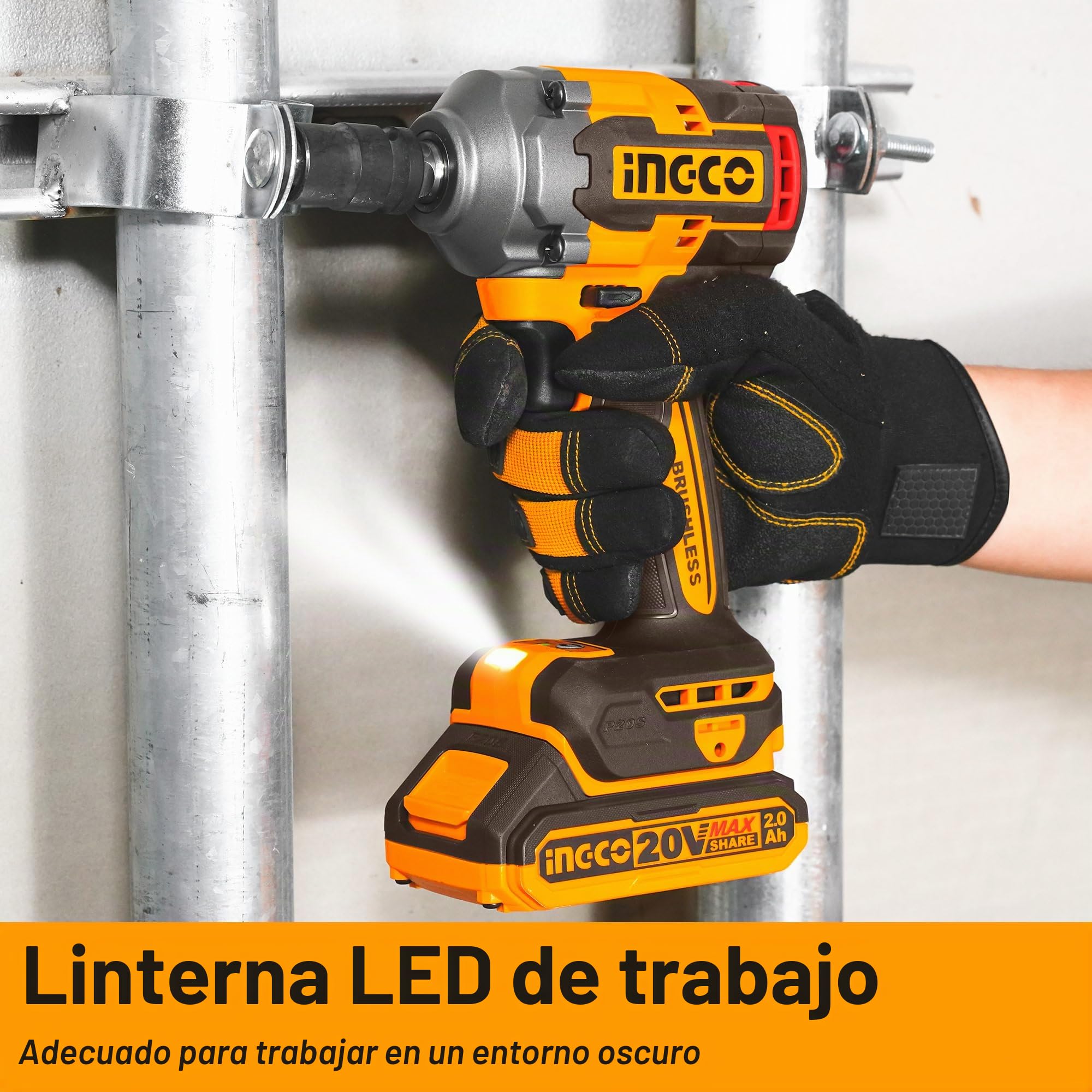 Ingco 20 V llave de choque inalámbrica sin escobillas 400 NM atornillador eléctrico inalámbrico 2300 rpm, con 2 baterías 2,0 Ah, 1 cargador CIWLI2040