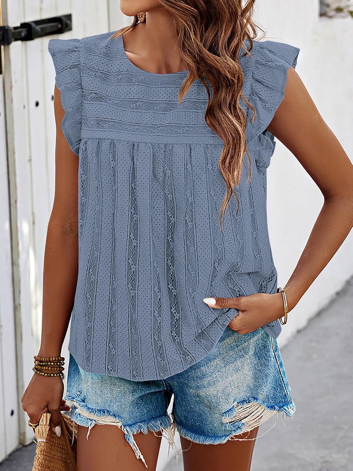 PRETTYGARDEN Women's Summer Cute Tank Top Crewneck Ruffle Sleeveless Hollow Out Eyelet Lace Spring Blouse Shirts - Image 3