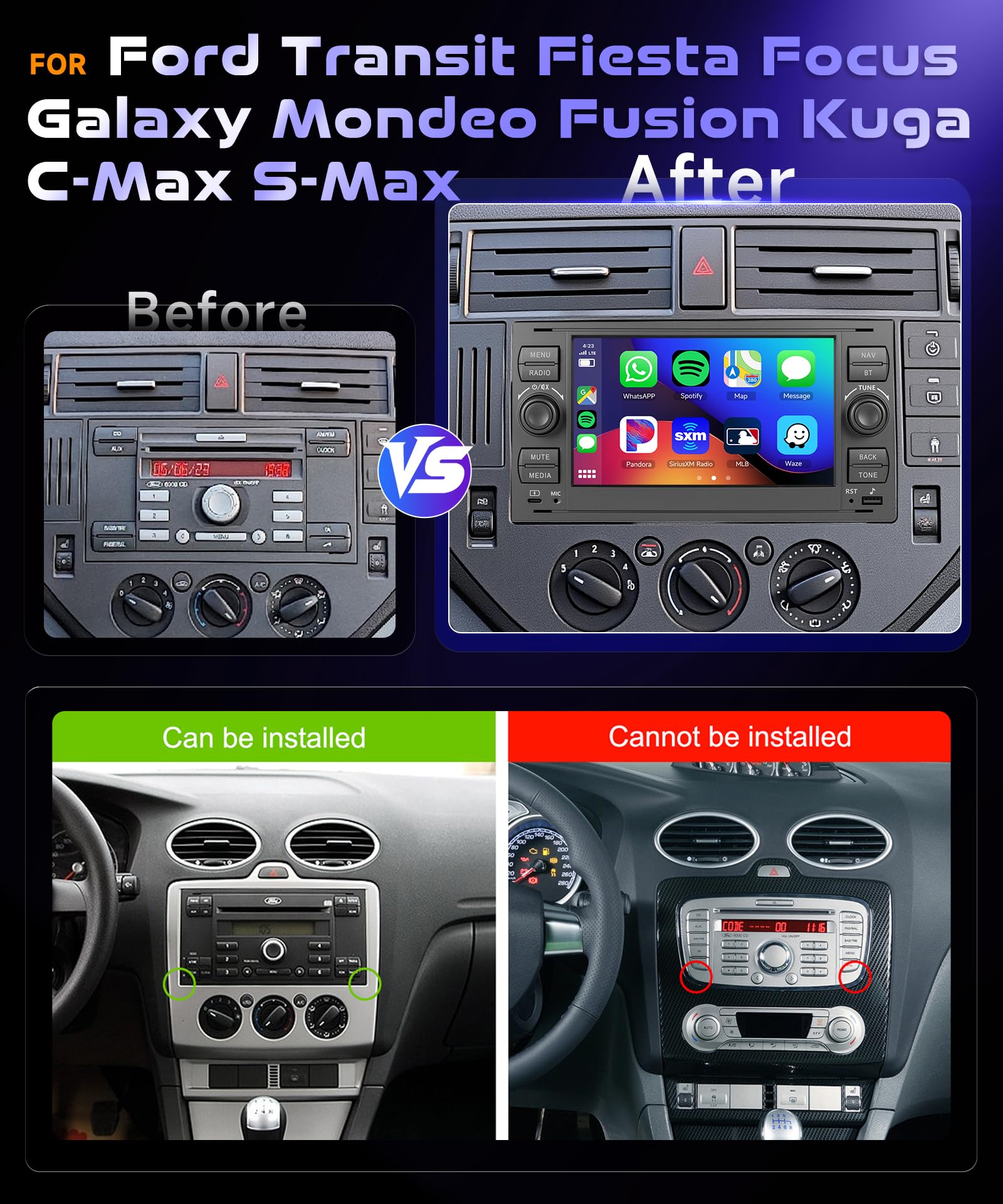 4G 64G VECHTEL 7"Autoradio Bluetooth per Ford Transit Fiesta Focus Galaxy Mondeo Fusion Kuga C-Max S-Max Carplay Android Auto,DSP EQ,Wifi GPS Navi,RDS/FM Radio 2 din con Retrocamera AHD
