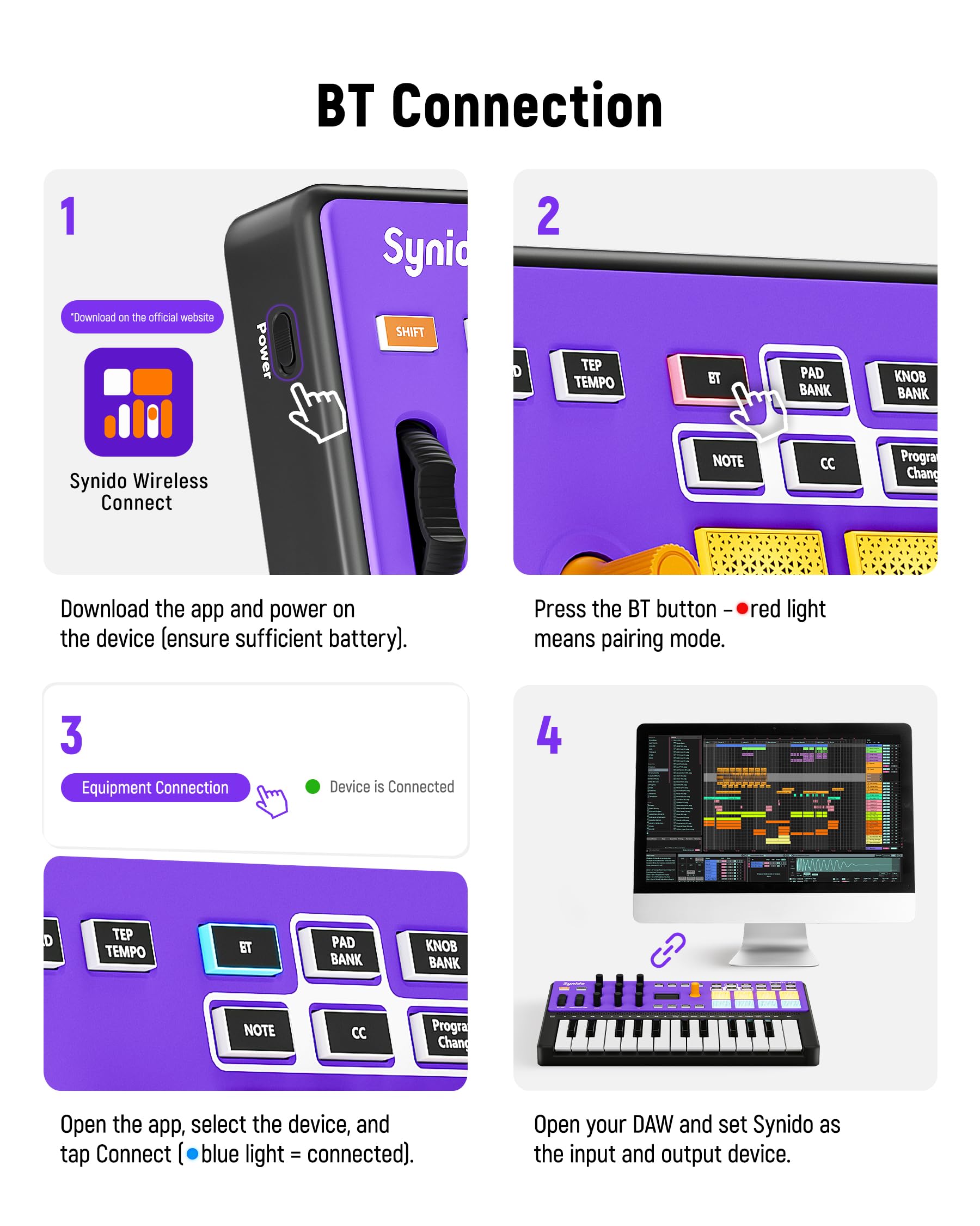 Synido TempoKEY W25 Clavier contrôleur MIDI USB C 25 touches Connexion sans fil rechargeable avec 8 pads RVB Velocity Écran OLED, MIDI In/Out/Thru, Clavier MIDI professionnel pour production musicale