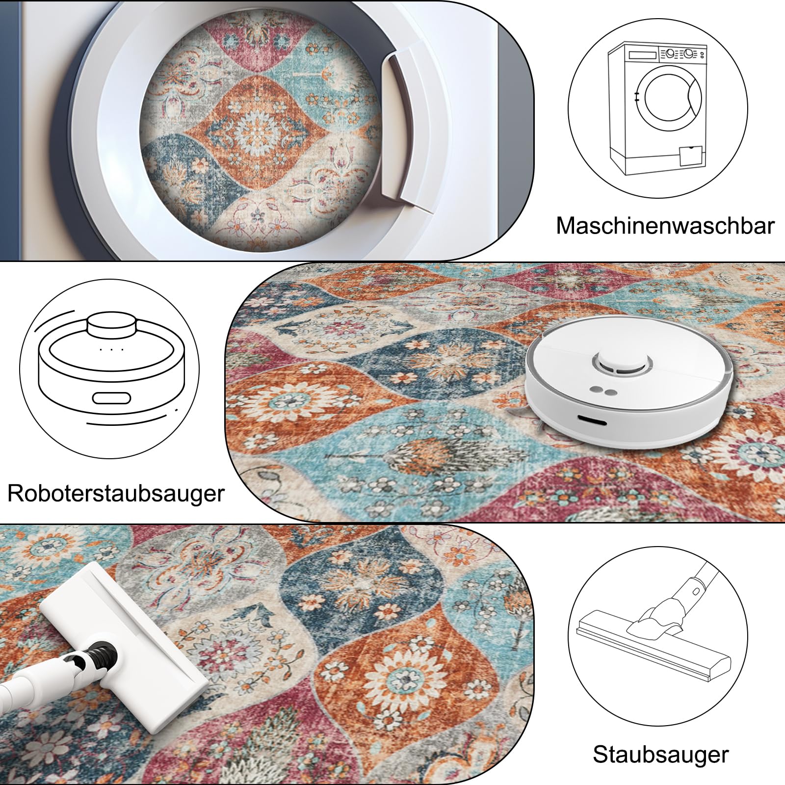 Xfrog Blumen Boho Teppich - Rutschfester Waschbarer Ultraweicher Antiker Niedriger Flor Flächenteppich für Wohnzimmer, Schlafzimmer, Kinderzimmer - 160 x 230 cm