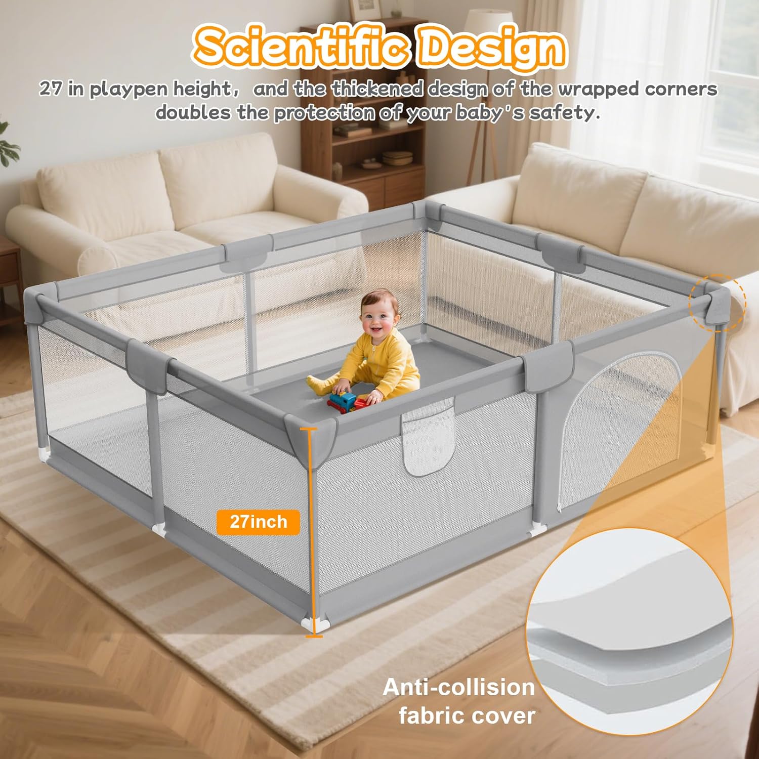 Baby Playpen 79"x71" - Extra Large Playpen for Babies and Toddlers with 2 Handle - Baby Fence Play Area Safety Center for Indoor & Outdoor, Grey