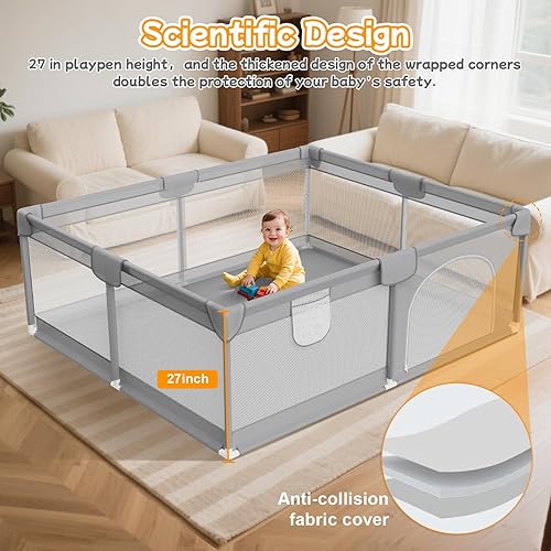 Miniatura 6 de Corralito para bebés de 74 x 50 pulgadas, corralito grande para bebés y niños pequeños con 2 asas, zona de juegos para bebés, centro de seguridad