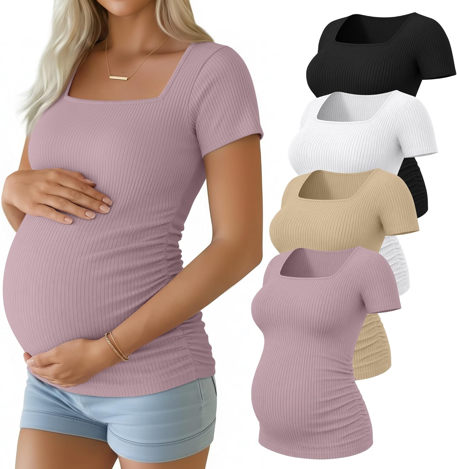 Huukeay 4 Pack Women's Maternity Shirts Cotton Ribbed Short Sleeve Square Neck Pregnancy Tops Side Ruched Summer Tee
