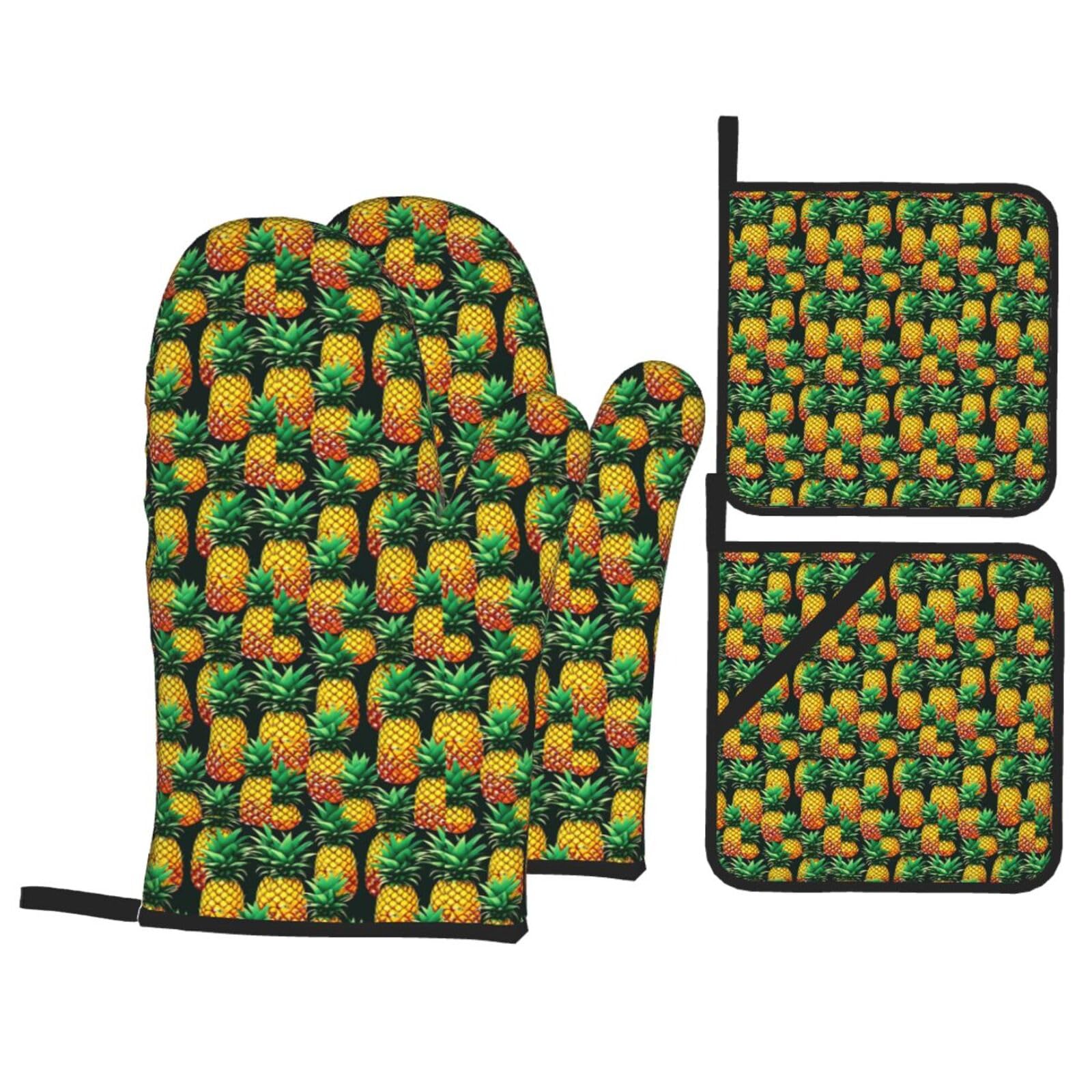 Tropical Fruit Pineapples Print 4-Piece Oven Microwaving Set Waterproof Kitchen Gloves for Baking Grilling Cooking