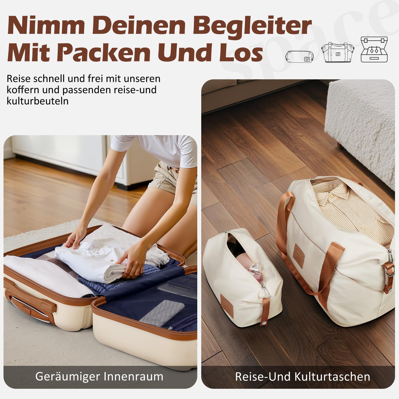 COOLIFE Koffer Trolley Koffer Reisekoffer von ABS Hartschalen Trolley 4 Rollen TSA-Schloss Der Koffer Enthält 1 Reisetasche und 1 Kulturbeutel