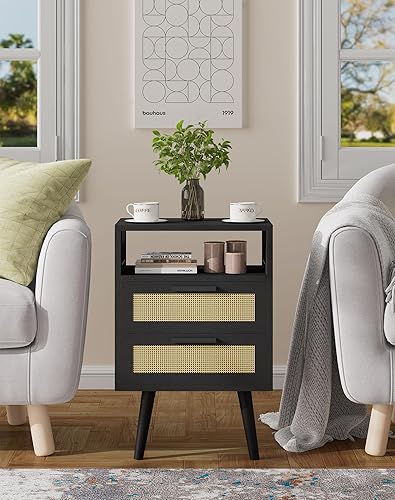 Miniatura 6 de YMYNY Mesita de noche con 2 cajones, mesa auxiliar bohemia, ratán decorado a mano, estante abierto con diseño arqueado, patas de madera maciza,