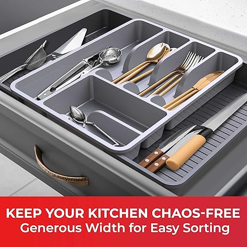 Miniatura 6 de Mueller - Organizador de cubiertos para cajón de cocina, 19.7 x 15 pulgadas, expandible, 6 compartimentos, resistente, bandeja de cubiertos para