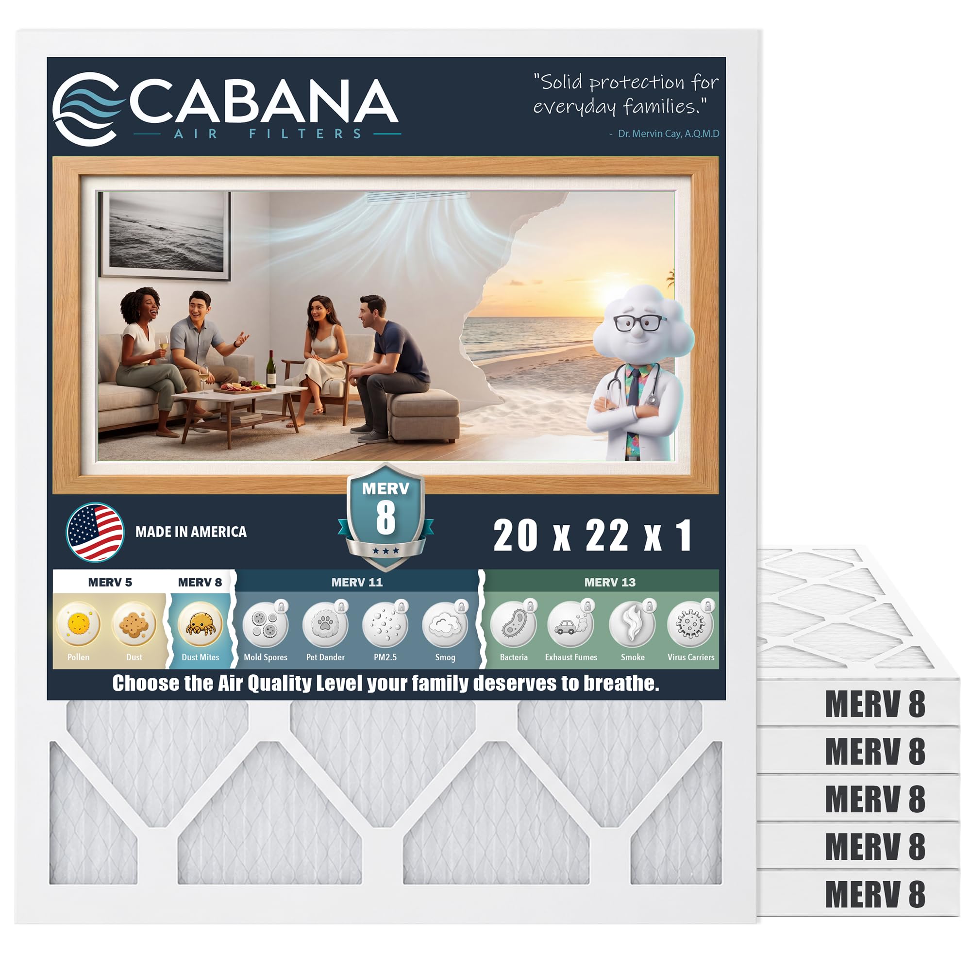 Cabana Air Filters Paquete de 6 filtros de aire para horno HVAC, MERV 8, 20 x 22 x 1, color blanco