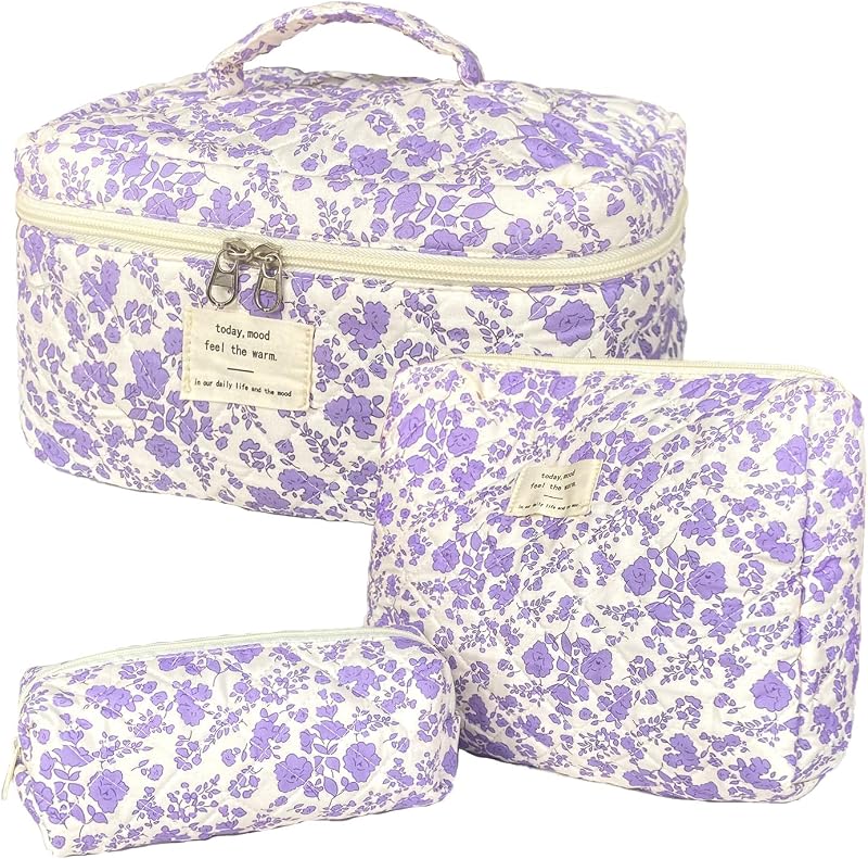 Kit WYJ com 3 necessaires de maquiagem roxas acolchoadas com estampa floral