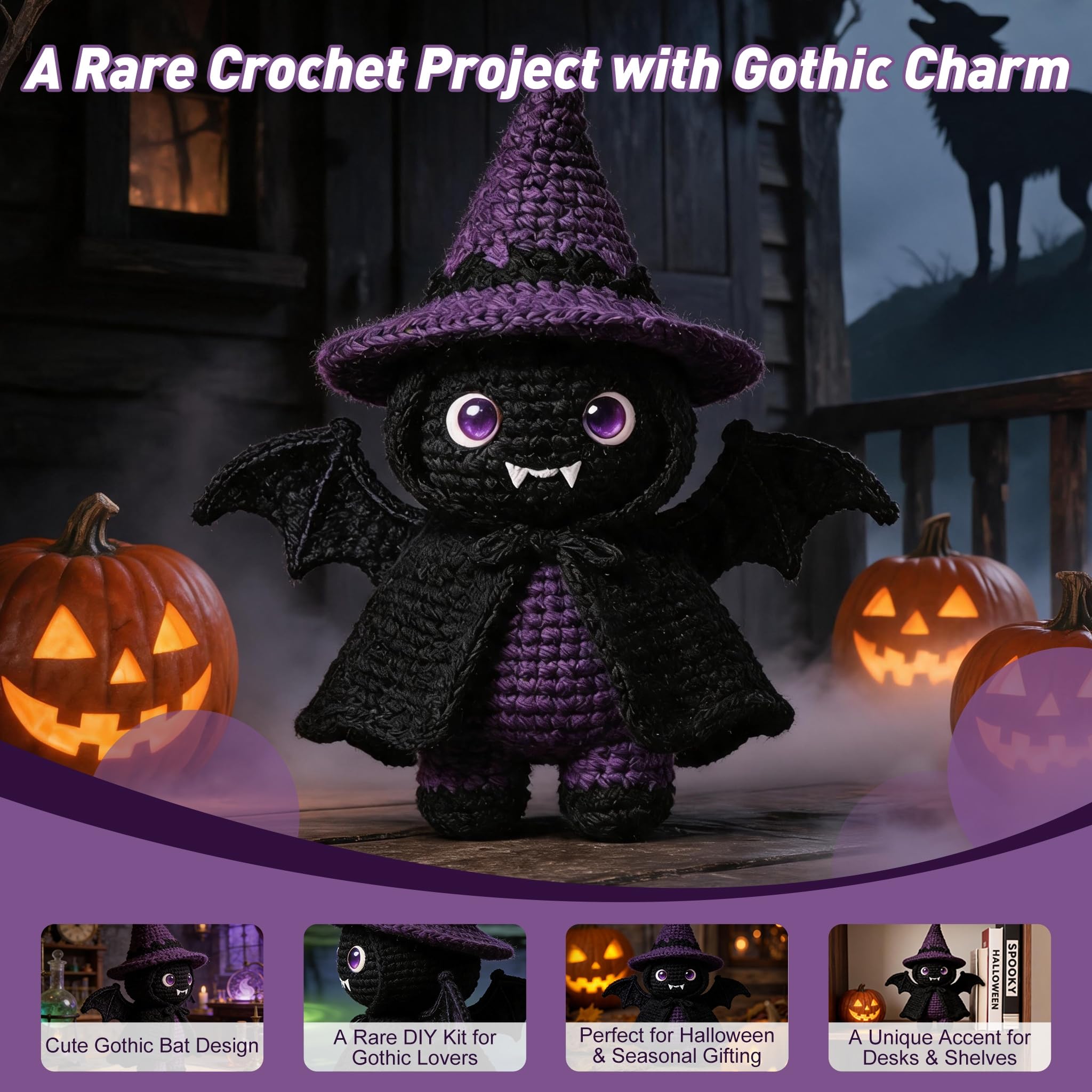 Morcolplus Kit de ganchillo de murciélago para principiantes y adultos, kit de iniciación de ganchillo gótico de murciélago amigurumi con tutoriales en video y todos los materiales incluidos, kit de