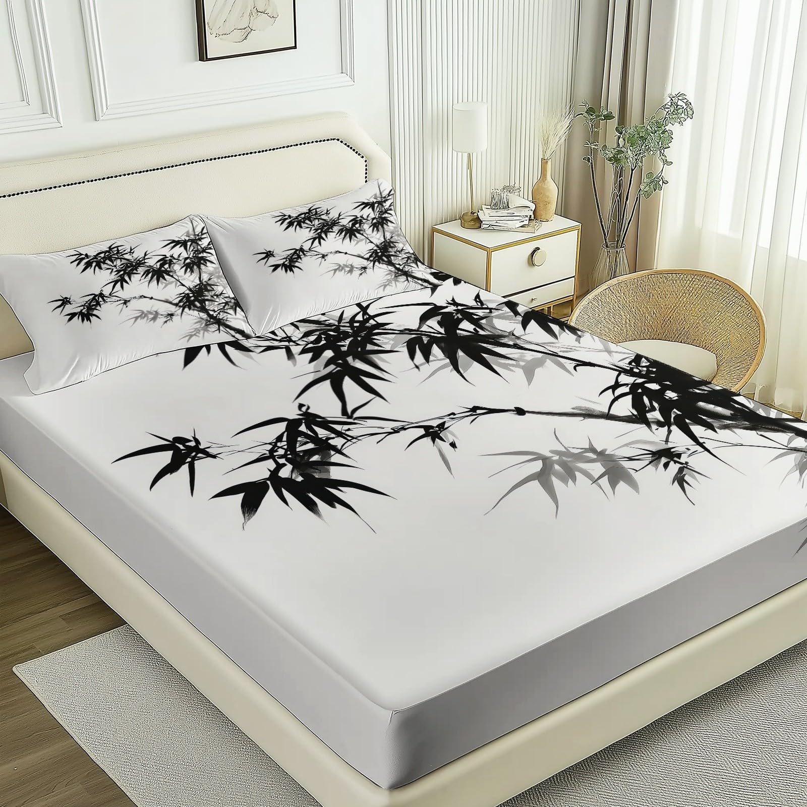 sábana Ajustable Bambú de Tinta, Estilo Tradicional Chino Juego de Sabanas Estampadas 3 Piezas 180 x 200 cm Algodón Poliéster, Bajera, Funda de Almohada 100% Microfibra Negro