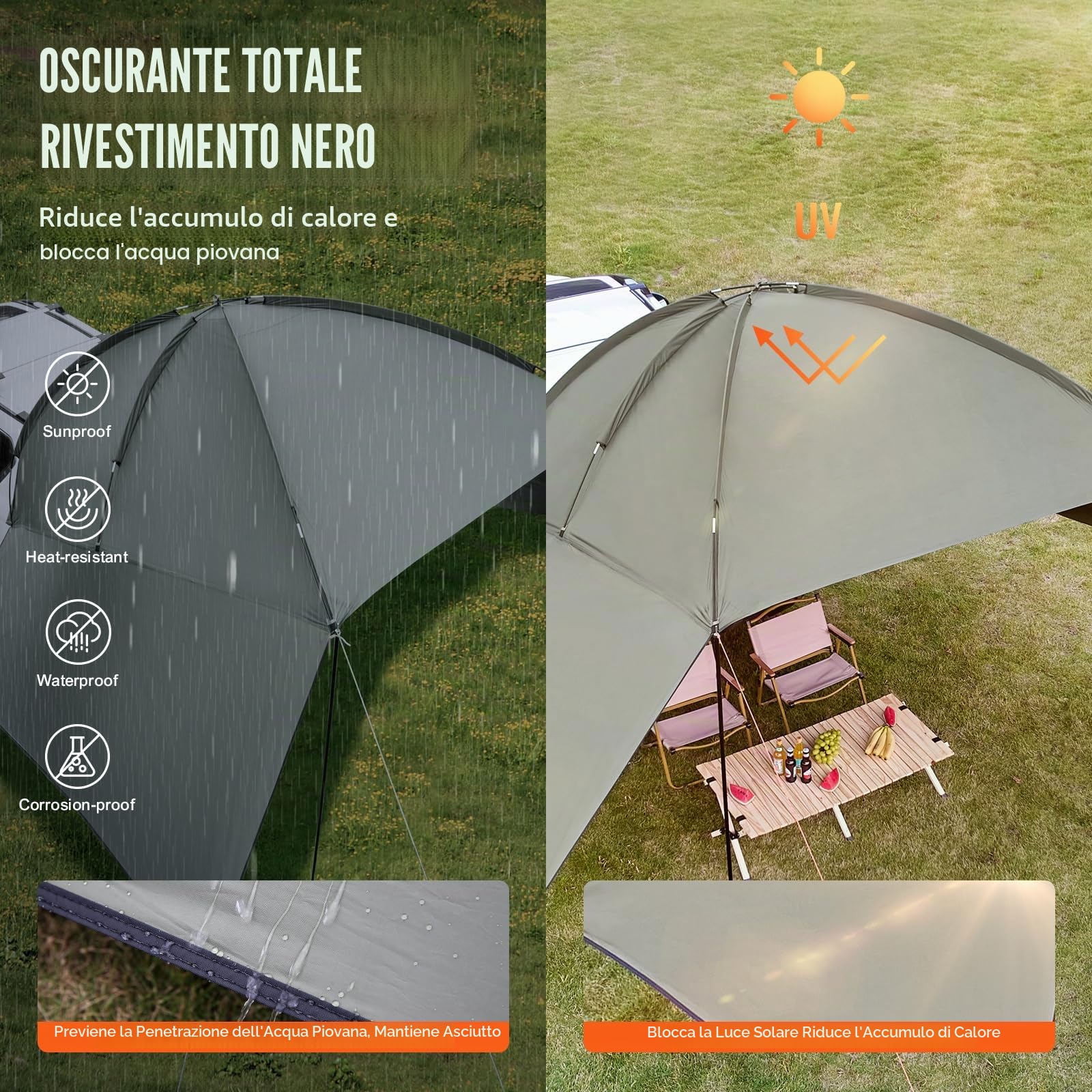 VEVOR Tendalino Auto 3x2,1m Tenda Laterale per Auto di Grandi Dimensioni PU2000mm UV50+ Resistente al Sole/Acqua/Vento con Borsa Portatile Tendalino Laterale/Posteriore per Camion SUV Furgoni Camper