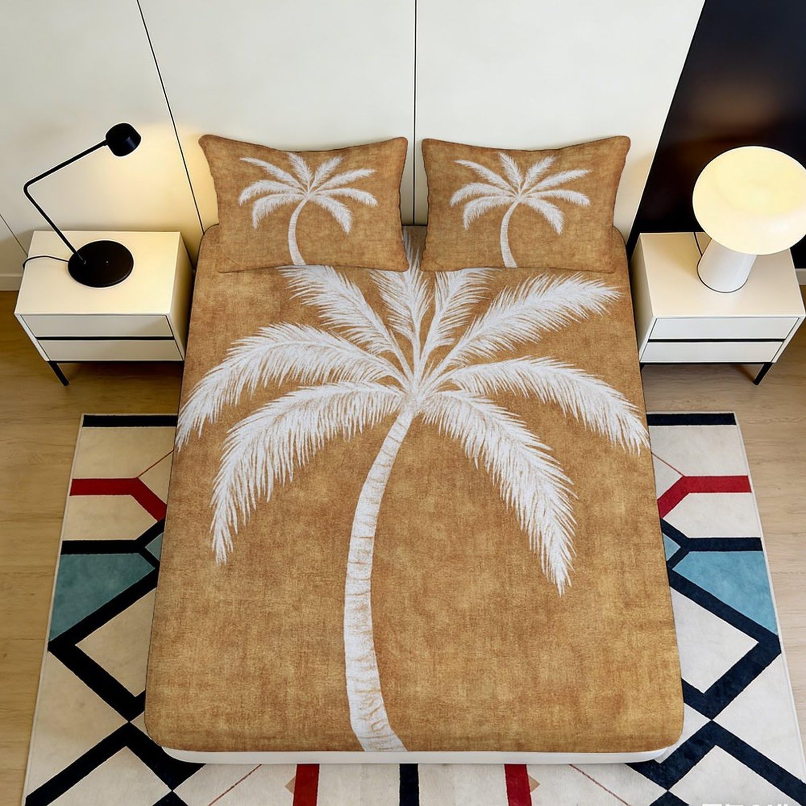 3D Printed Palm Tree Fitted Sheet Microfiber Elastic Hem for Bedroom Bedding Palm Tree Mattress Fitted Cover Non-Slip Washable 140x200x25cm