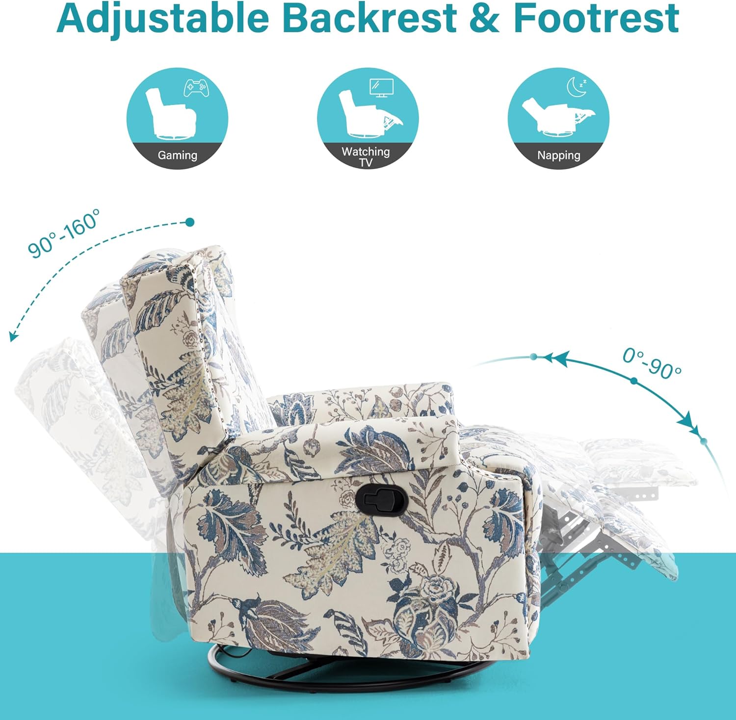 UIXE Swivel Glider Floral Recliner Chair, High Back Swivel Rocker Fabric Accent Chair for Living Room, Rivet Trim Upholstered Armchair Manual Sofa Seating - Plants Blue
