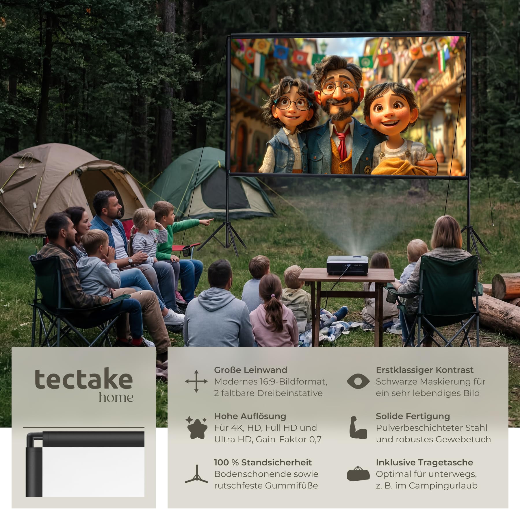 tectake® Mobile Beamer Leinwand 223x128cm, 100 Zoll, Format 16:9, 4K HD, 160° Betrachtungswinkel, Gain Faktor 0,7, Projektionsfläche, Projektionsschirm, Projektionswand, Heimkino, Outdoor, Stativ