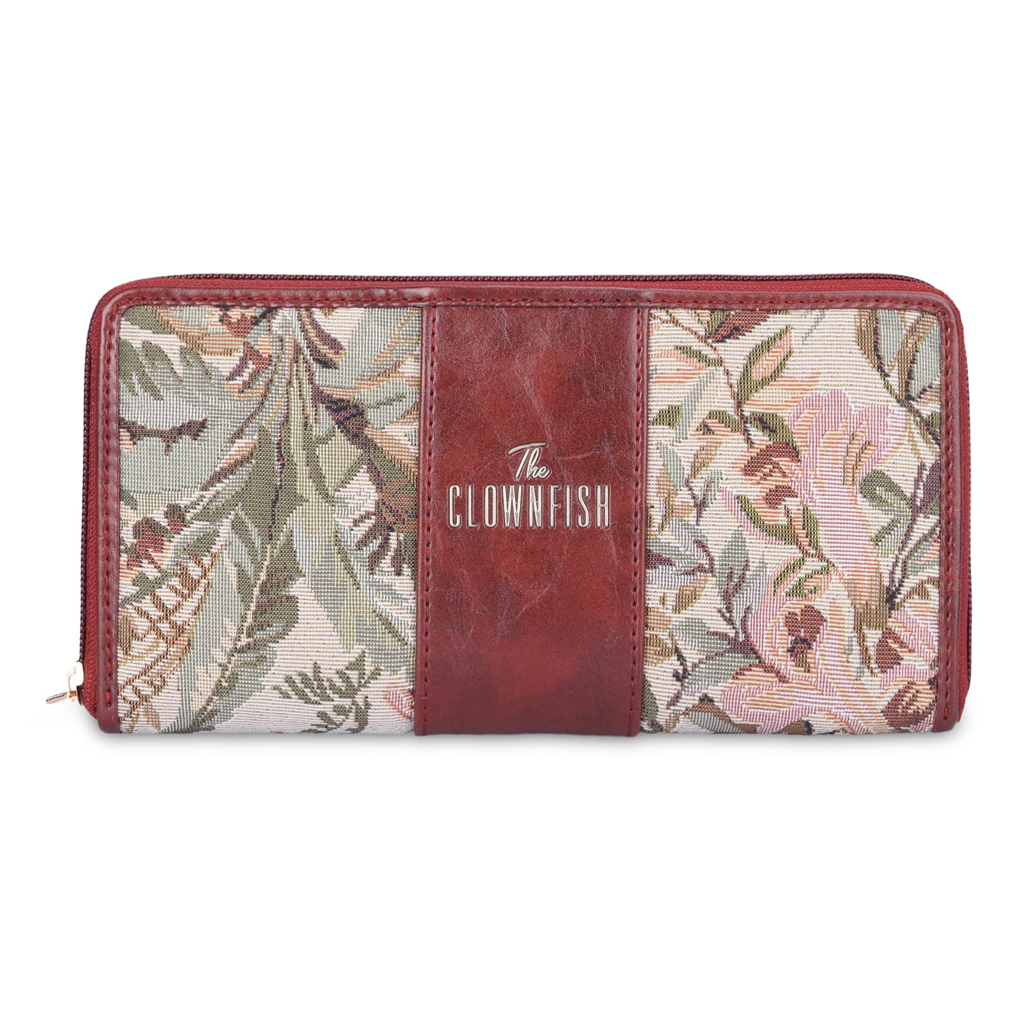 the clownfish Aria Collection Tapestry Fabric & Faux Leather Zip Around Style Womens Wallet Clutch Ladies Purse with Card Holders (Beige)-picture-28