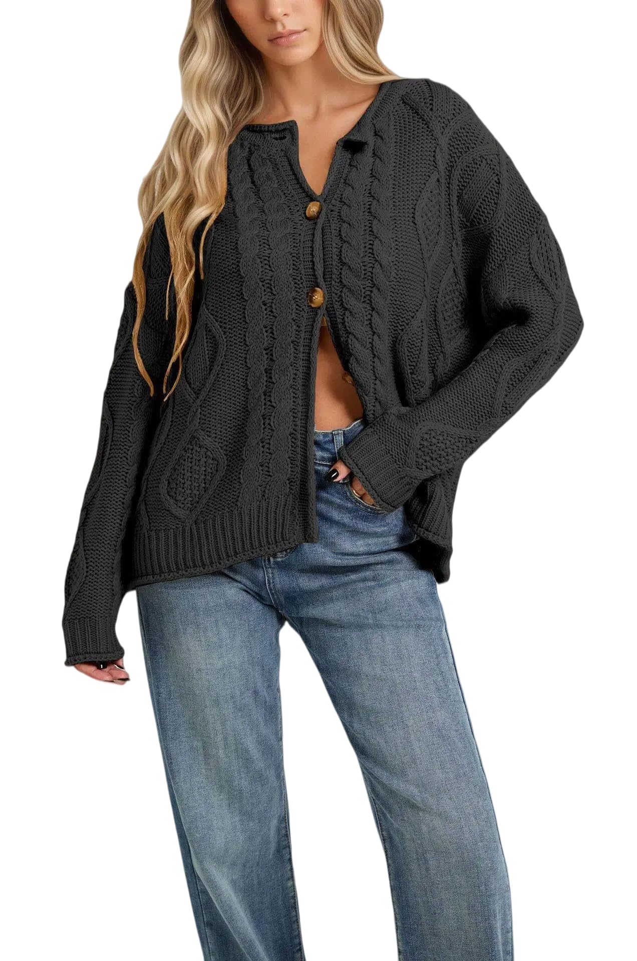 Gilet en Maille Torsadée pour Femme Col Rond Boutonné sur Le Devant Manches Longues Veste Légère en Maille Gilet Ample et Décontracté Idéal pour Le Bureau et Le Quotidien.