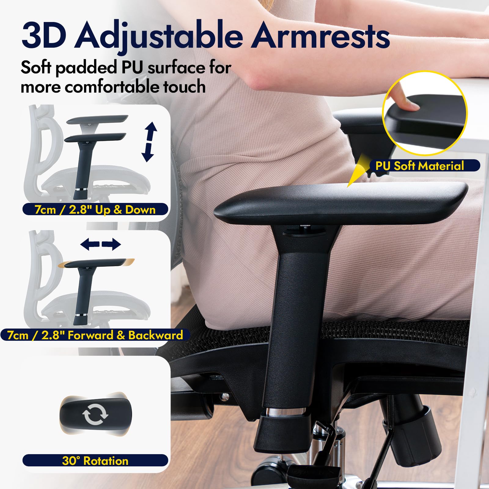 Chaise de Bureau, Fauteuil Ergonomique Professionnel - Dossier Mesh Respirant, Inclinaison 130°, accoudoirs 3D et Assise réglable - Pivotant, roulettes, 150 kg