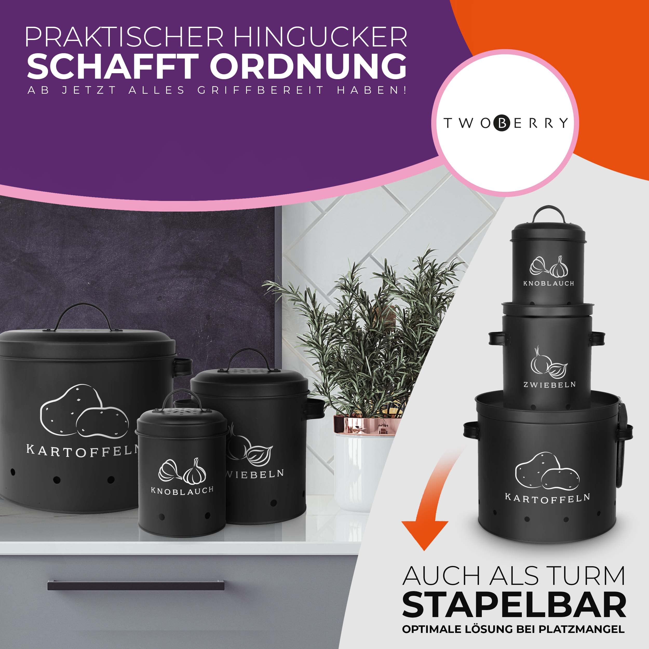 TWOBERRY Kartoffel Aufbewahrungsbox [3er Set] inkl. Sparschäler- längere Haltbarkeit durch 360° Luftzirkulation - Zwiebel Aufbewahrung, Kartoffel Aufbewahrung & Knoblauch Aufbewahrun Küche