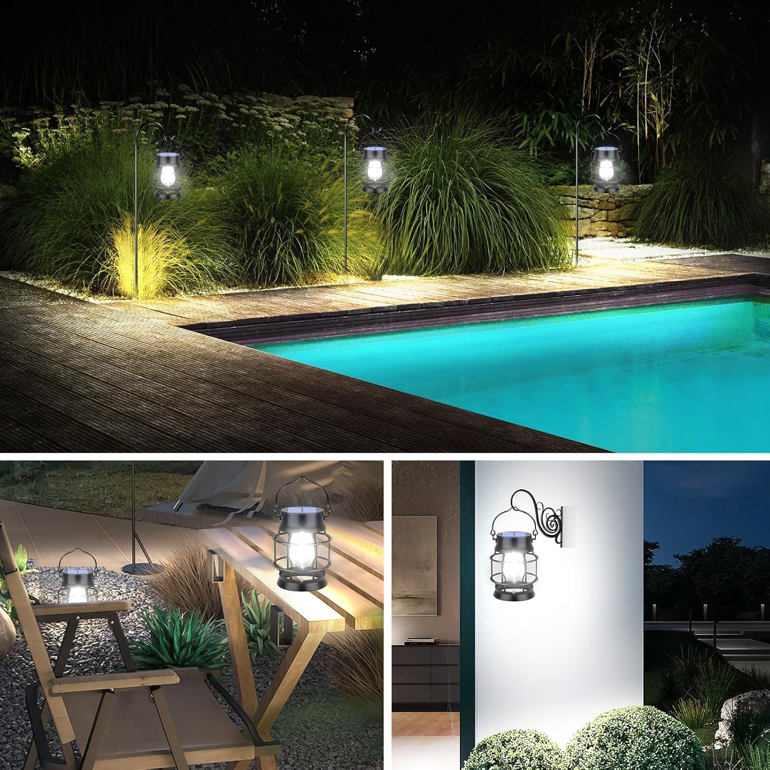 TomCare Faroles solares para exteriores, impermeables, de metal, colgantes, faroles solares para exteriores, patio, porche, jardín, césped, paquete de 4 (blanco frío)