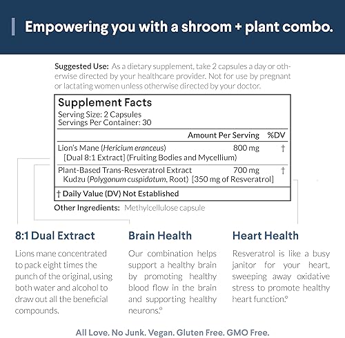 Miniatura 4 de Nutritional Roots Melena de león y resveratrol, 800 mg de extracto de melena de león, resveratrol trans a base de plantas, suplemento cerebral para