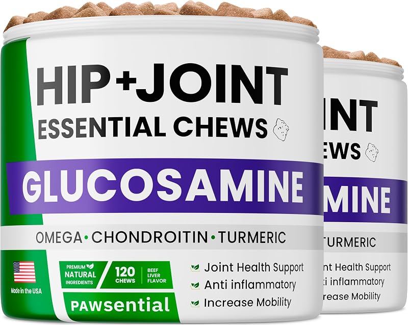 Suplemento para Cães com Glucosamina, Condroitina, MSM, Cúrcuma e Ômega — 240 mastigáveis sabor carne, Pawsential