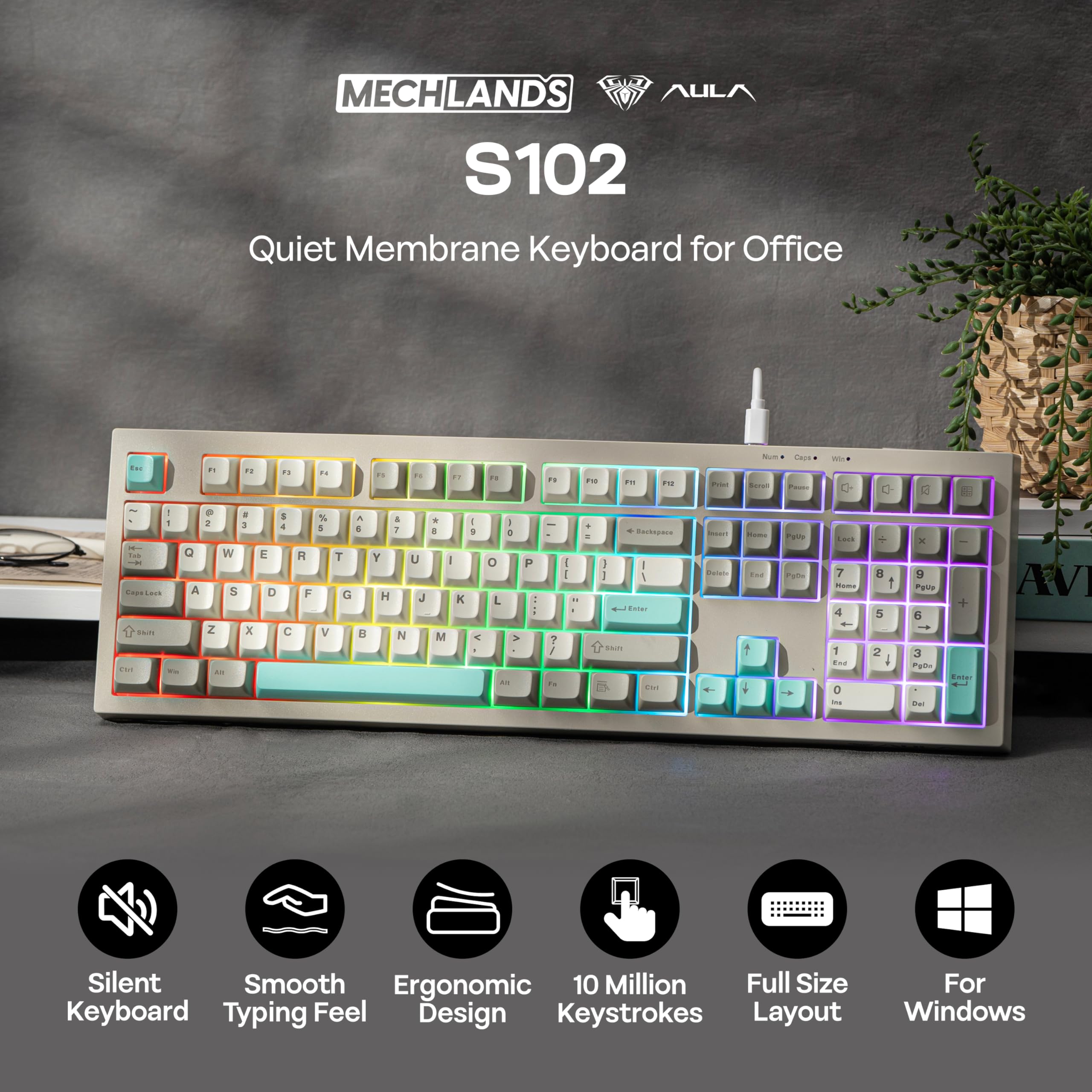 MechLands Aula S102 - Tastiera da gioco a membrana con tastierino numerico, layout full size al 100%, cavo USB-C, retroilluminazione RGB, struttura in silicone cremoso, tastiera silenziosa per PC game