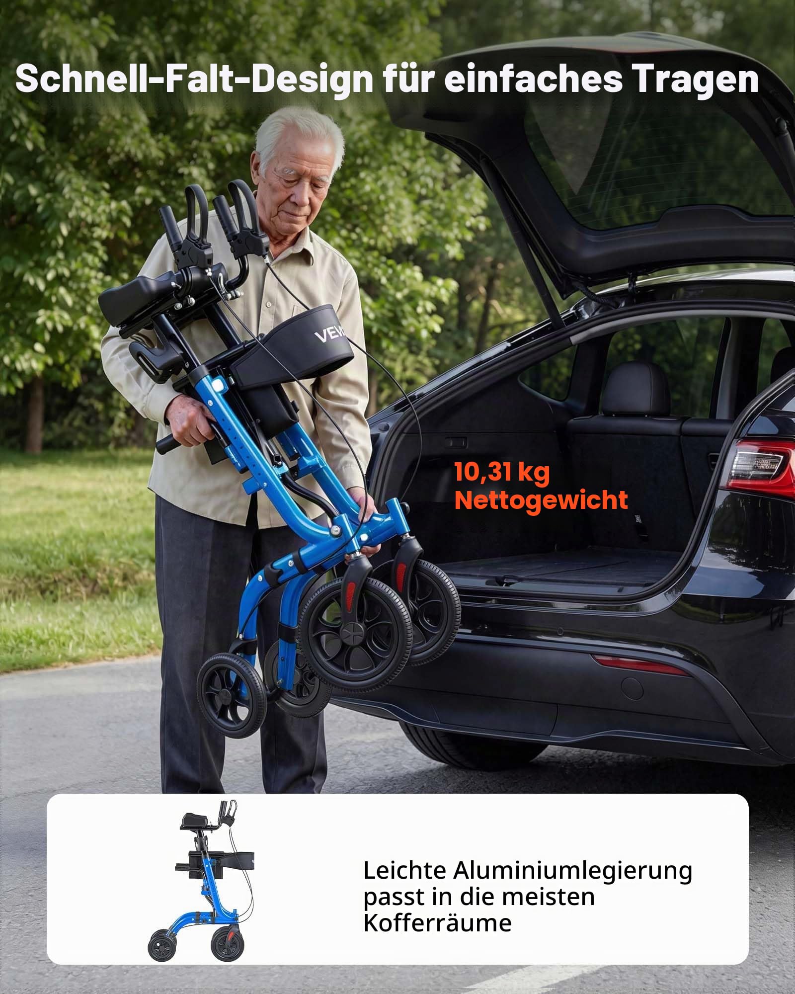 VEVOR Rollator Faltbar mit Sitz, Leichtgewicht Gehwagen mit 4 PU Reifen, Gehhilfe bis 136 kg mit Rückenlehne Tasche Gehstockhalter, Höheverstellbare Laufhilfe mit Feststellfunktion für Senioren, Blau