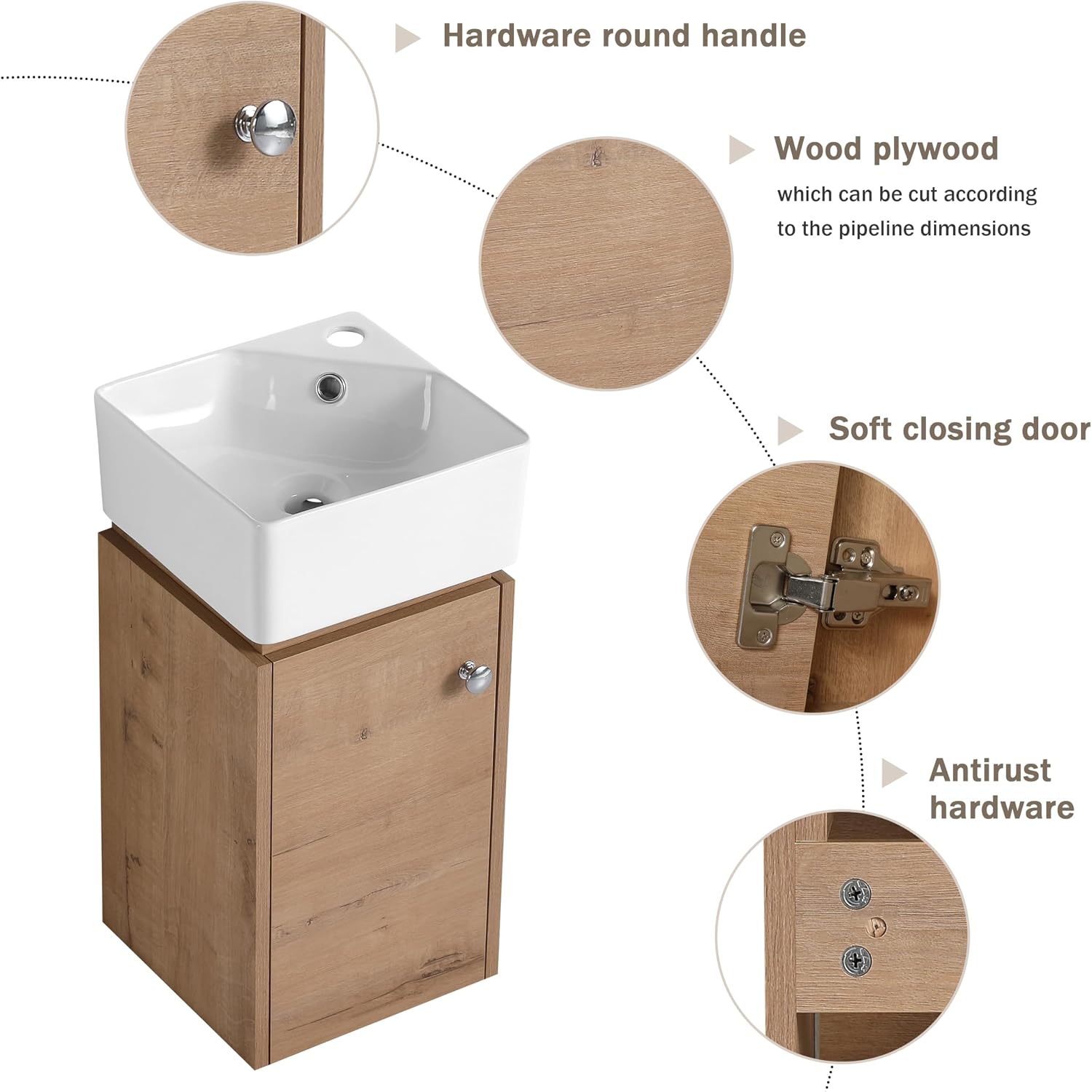 12" Bathroom Vanity with Ceramic Sink, 12 Inch Floating Vanity for Small Space, Modern Single Sink Bathroom Vanity Combo, Brown Wall Mounted Storage Cabinet Set (045)
