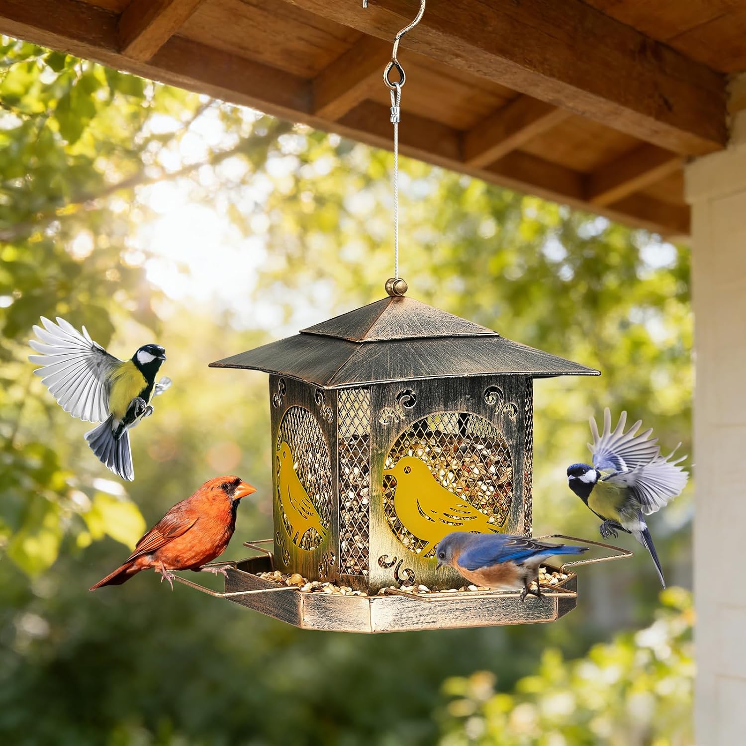 Bird Feeder for Outside, Square Metal Hanging Wild Bird Feeders with Secure Buckle, Weatherproof Rainproof Bird Feeder for Outdoor Garden Yard