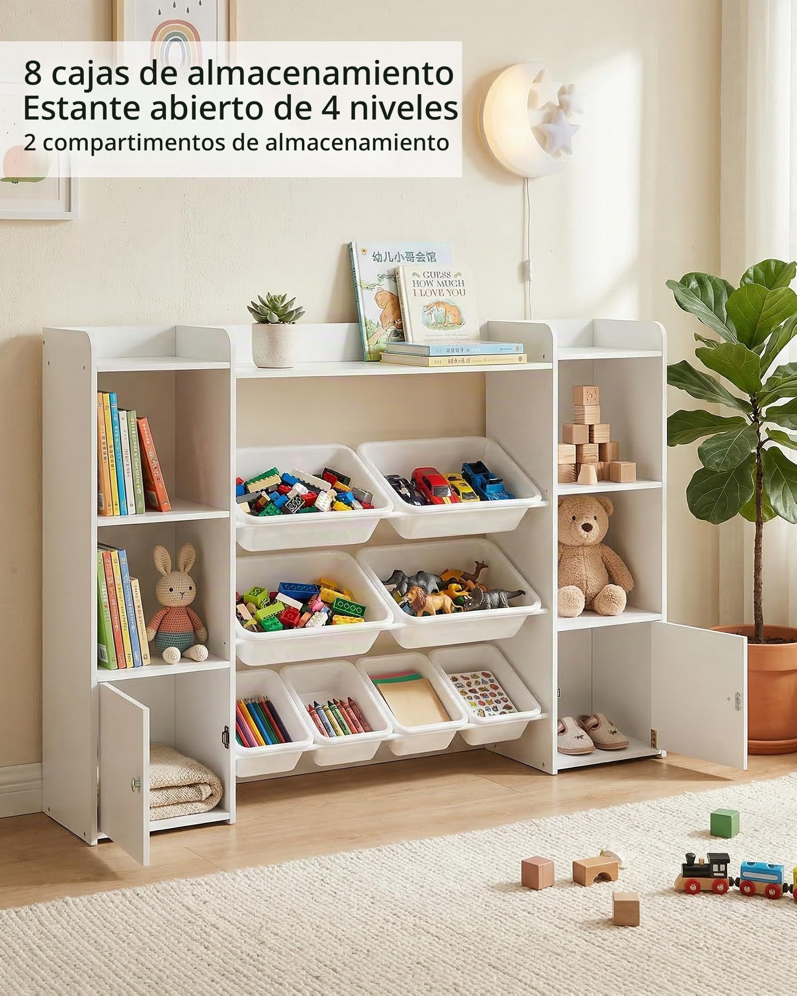 Libreria Infantil, Estanteria Infantil con Organizador de Juguetes, Libreria Montessori Infantil con 8 Cajas Extraíbles y 2 Puertas, para Habitacion Infantil y Cuarto de Juegos, Blanco