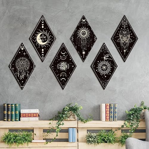 Miniatura 3 de Kathfly 6 piezas de decoración de pared bohemia, luna, estrellas, fases solares, arte de pared bohemio gótico de bruja, decoración estética de fase