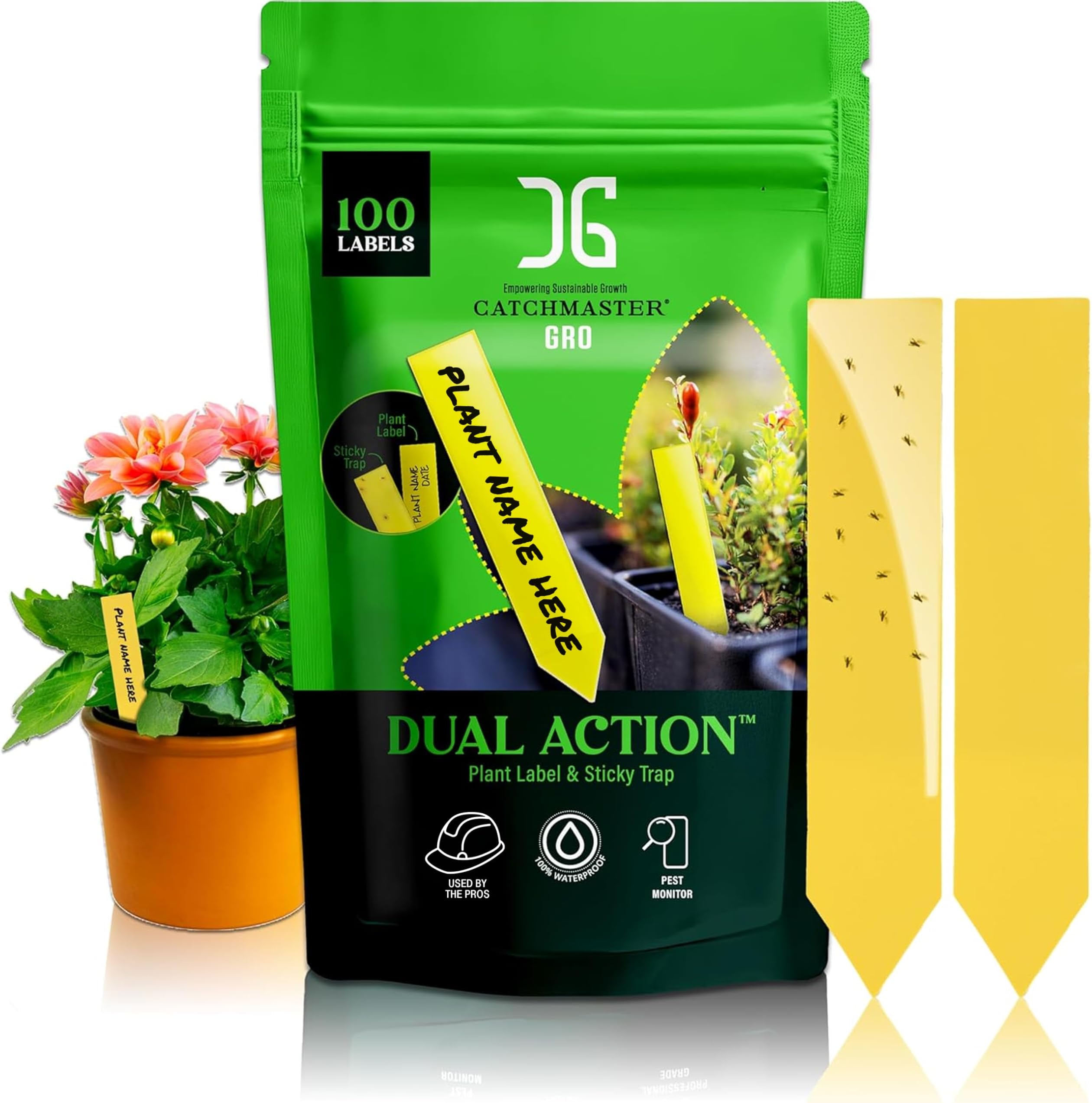 Dual Action Plant Labels 100 PK, Sticky Insect Trap Plant Stakes, for Live Plants Indoor Outdoor, Fruit Fly Trap, Glue Traps for Home, Farm, Garden, Hydroponics & Greenhouse, Pest Control