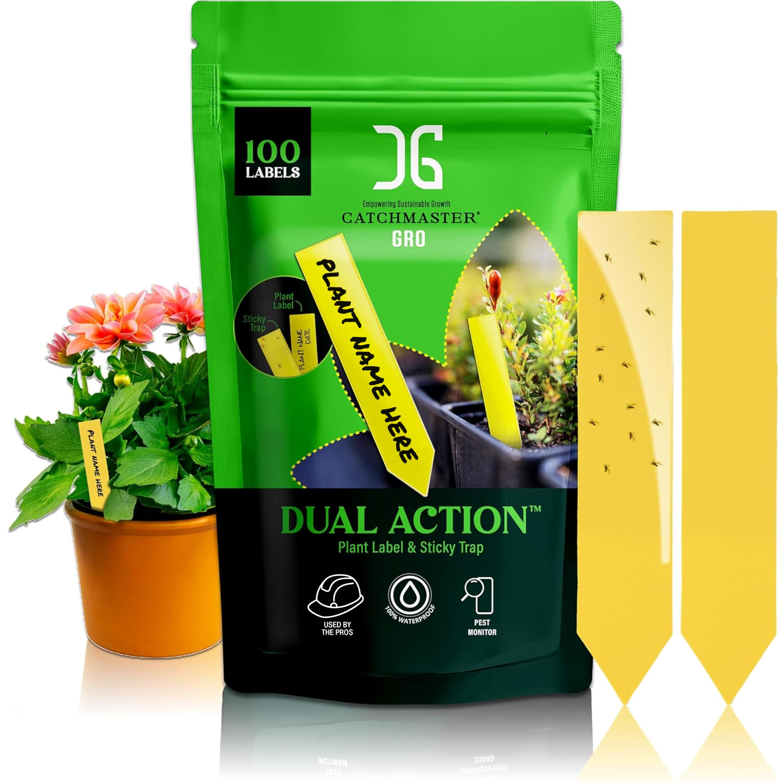 Catchmaster Dual Action Plant Labels 100 PK, Sticky Insect Trap Plant Stakes, for Live Plants Indoor Outdoor, Fruit Fly Trap, Glue Traps for Home, Farm, Garden, Hydroponics & Greenhouse, Pest Control