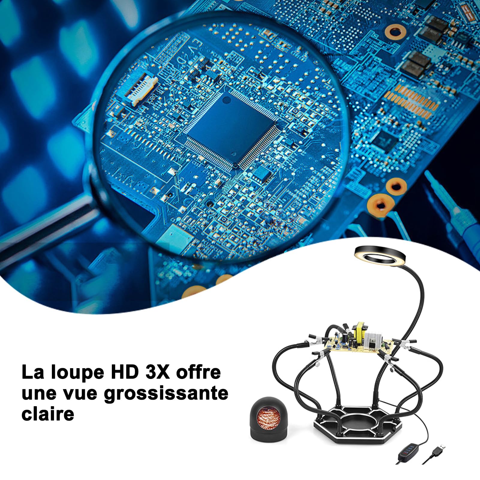 Geevorks Troisième Main Soudure, Troisième 3eme Main avec 6 Bras Flexibles Réglables, Loupe 3X LED pour Réparation Électronique, Modélisme et Loisirs Créatifs
