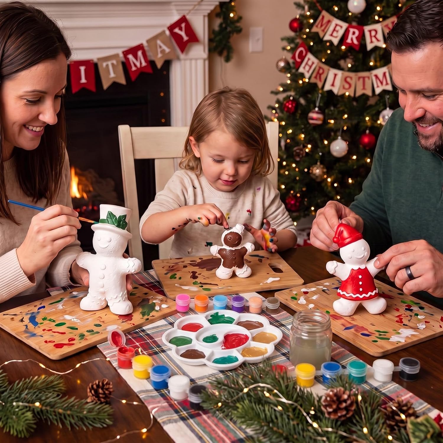 Poen 3 Set Christmas Gingerbread Men Ceramic to Paint Kit, Pastel