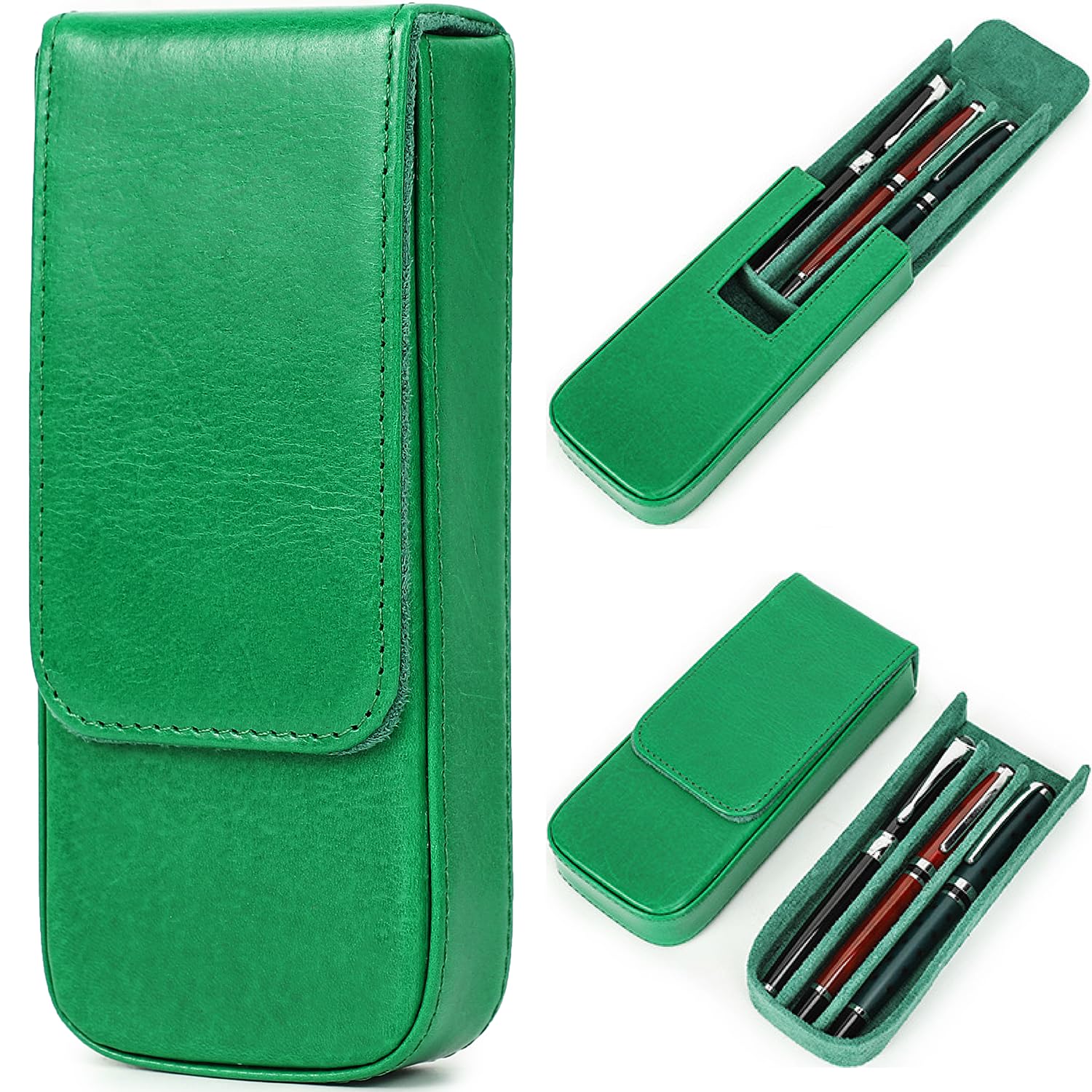 CataPurus Top Grain Genuine Leather 3 Pen/Pencil Tray Case Holder, Minimalist Fashion Design, Handmade, Magnetic Closing with Drawer Design, Gift Choice for Man/Woman/Office, Glossy Green, 3 Slots