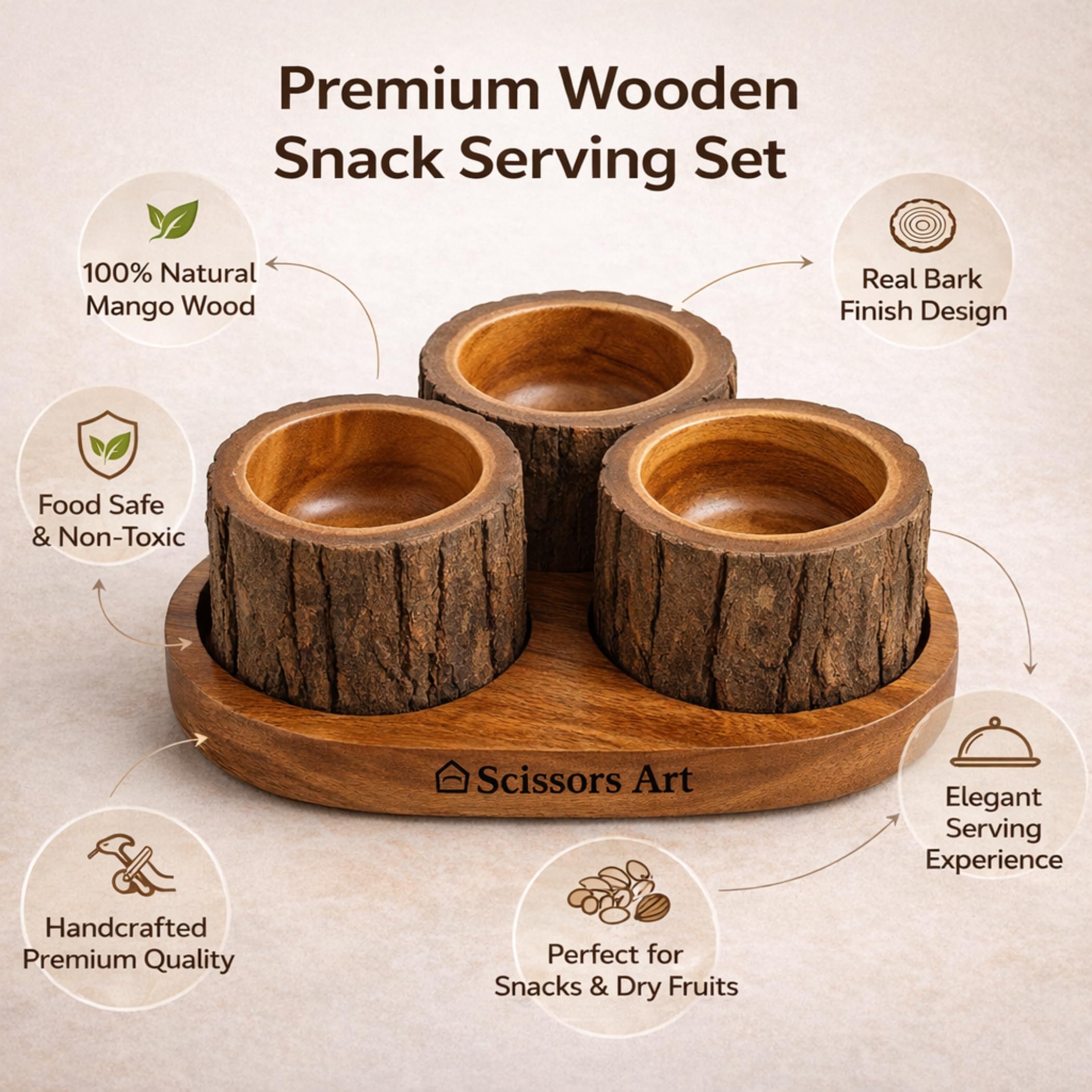 Juego de cuencos de madera rústica con bandeja giratoria, cuencos de madera de mango hechos a mano con corteza de árbol natural para ensaladas, frutas y decoración de cocina (juego de 3)
