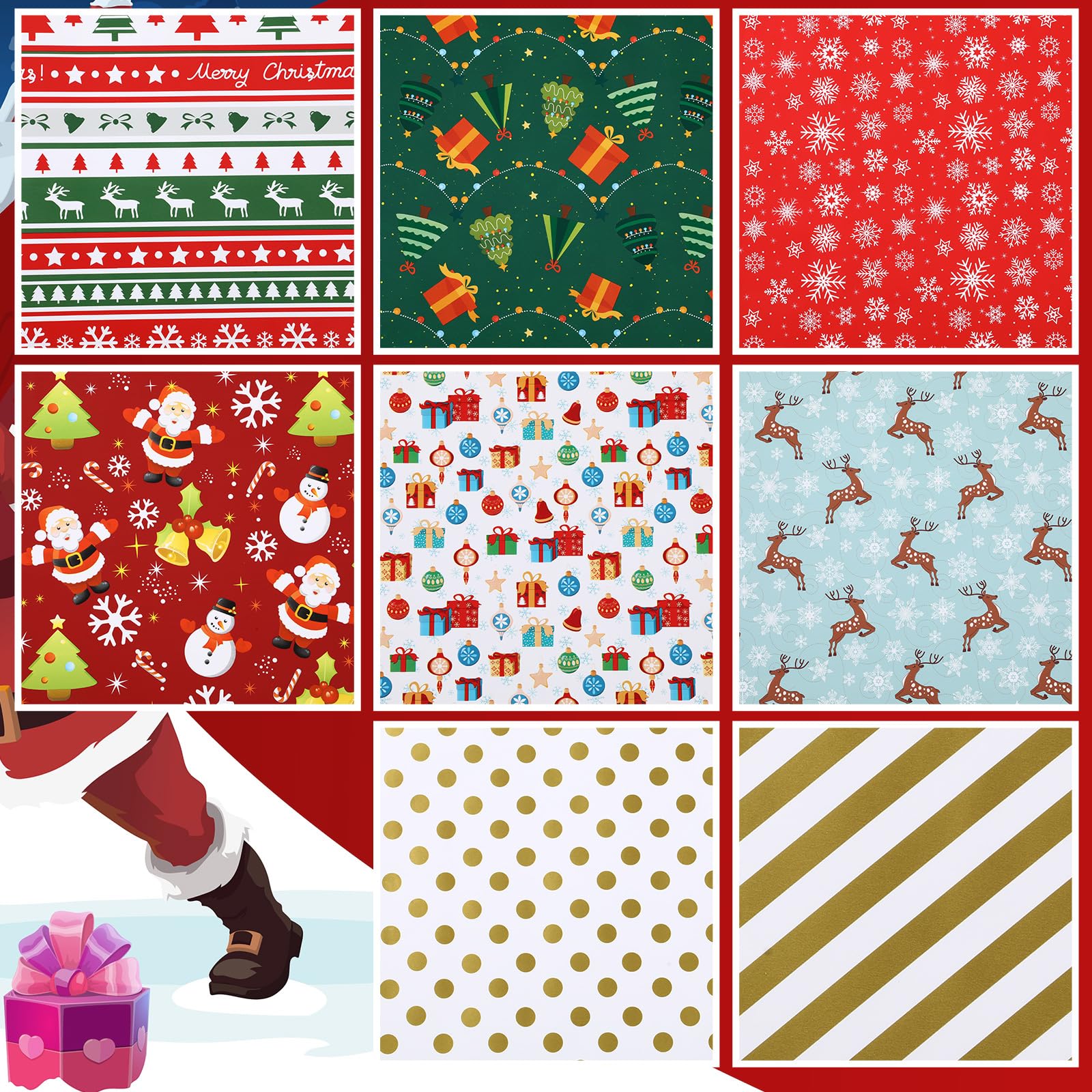 Tatuo 8 Rollen Weihnachts-Geschenkpapier, Weihnachtsmann, Geschenk, Schneeflocken, Baum, Streifen, Rentier, Goldstreifen und Punkte, Design Geschenkpapier für Weihnachtsferien – 27,6 x 78,7 Zoll (6,5