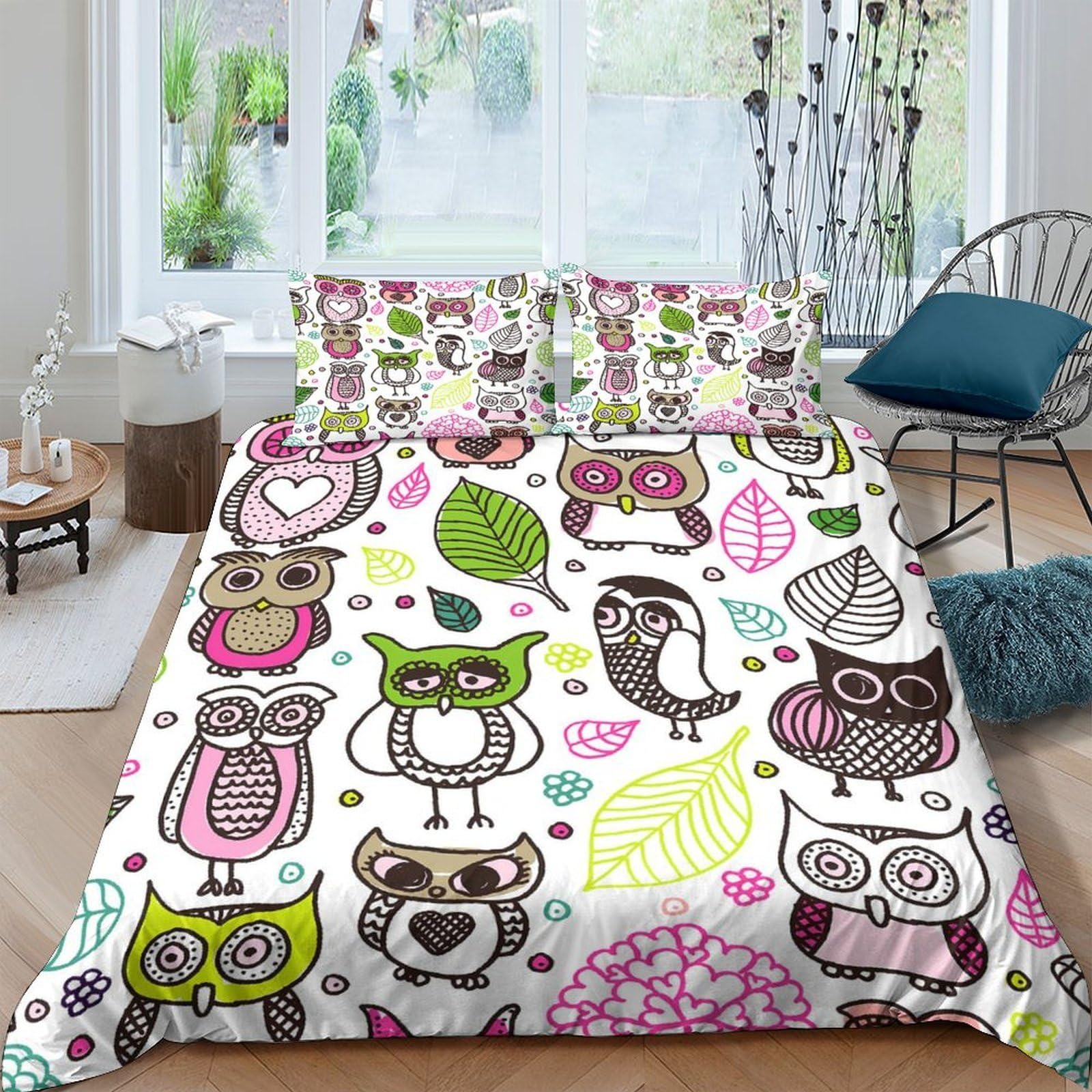 Ctjqhvkz Style-9 3D Printed Cartoon Owl Fitted Sheet Microfiber Soft Green Leaf Bed Cover For Bedroom Dorm Mattress Decor Single（135X200cm）