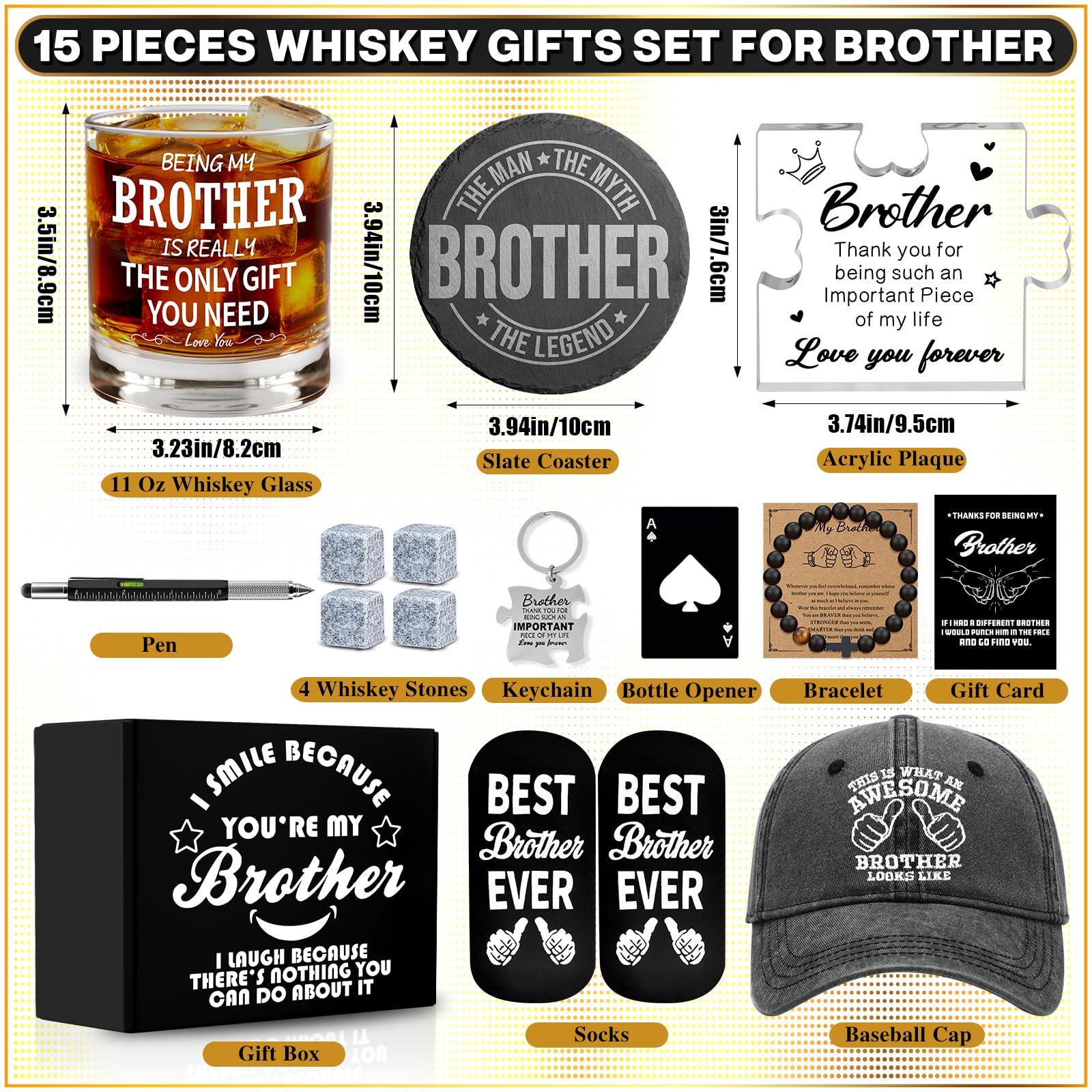 15 Pcs Brother Gifts from Sister Brother with 11 Oz Whiskey Glass Coaster Hat Socks Acrylic Plaque Bracelet Keychain, Birthday Christmas Christian Gift for Men Son Nephew Grandson