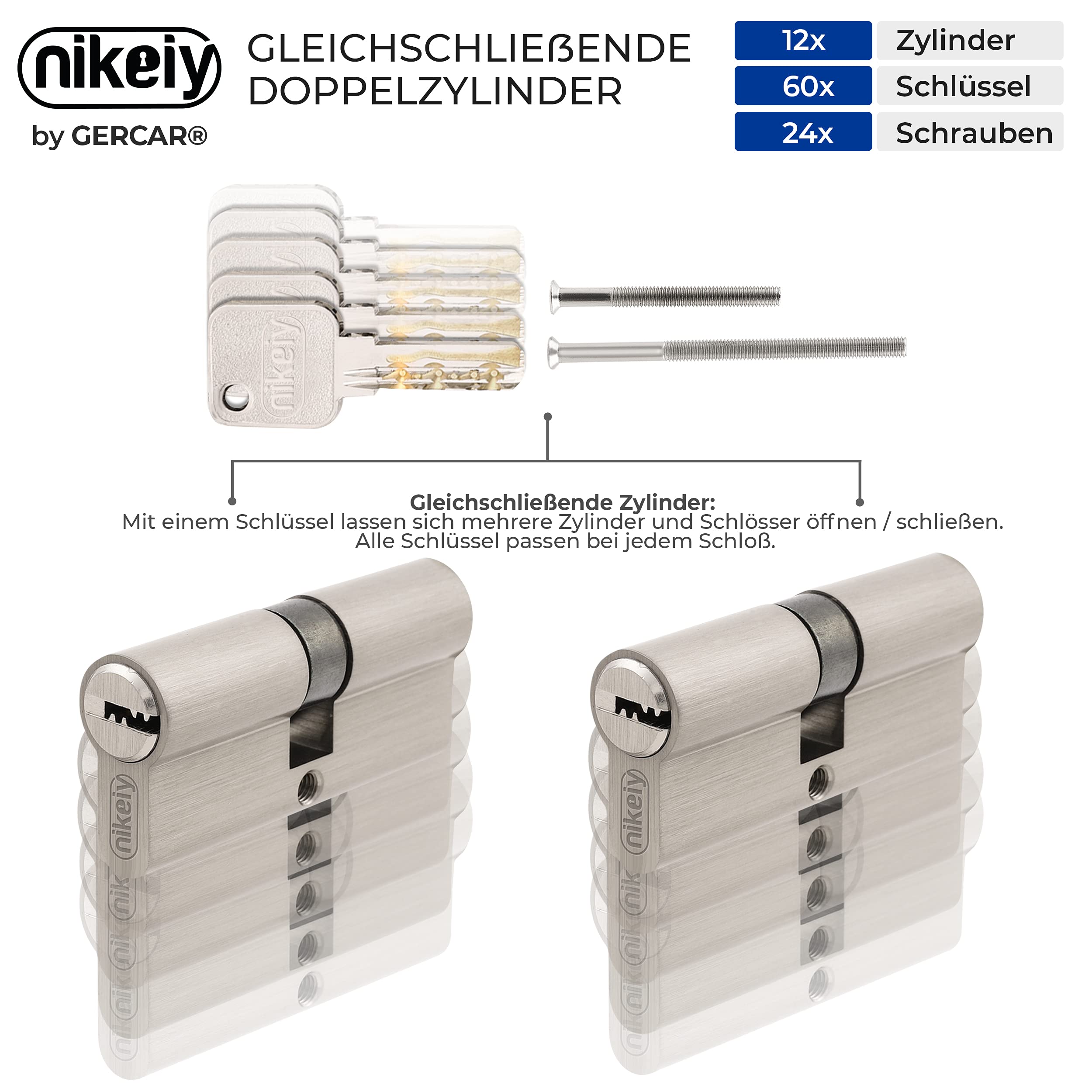 GERCAR Pro 12 cilindros de cierre 30/30 con cierre uniforme, juego de 12 cilindros de perfil con 60 llaves, cerradura de 60 mm, cerradura para puerta de 12 cilindros – Longitud: 60 mm, A: 30 B: 30 –