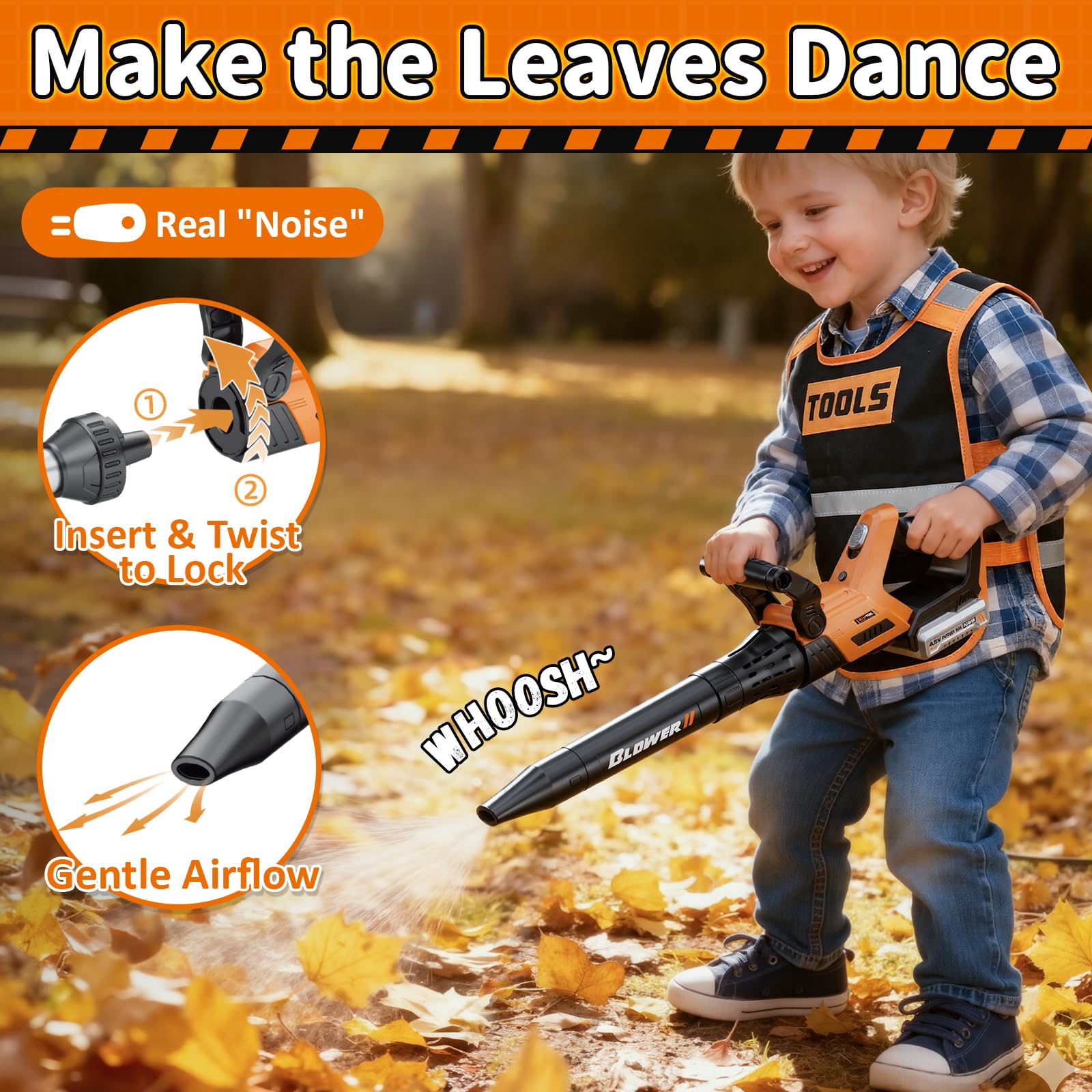 KidBloom 2 in 1 Attrezzi da Lavoro Bambini con Gilet Portautensili, Decespugliatore Giocattolo & Soffiatore Foglie con Suoni, Giochi da Giardino per Bambini, Giochi Bambino 3 Anni