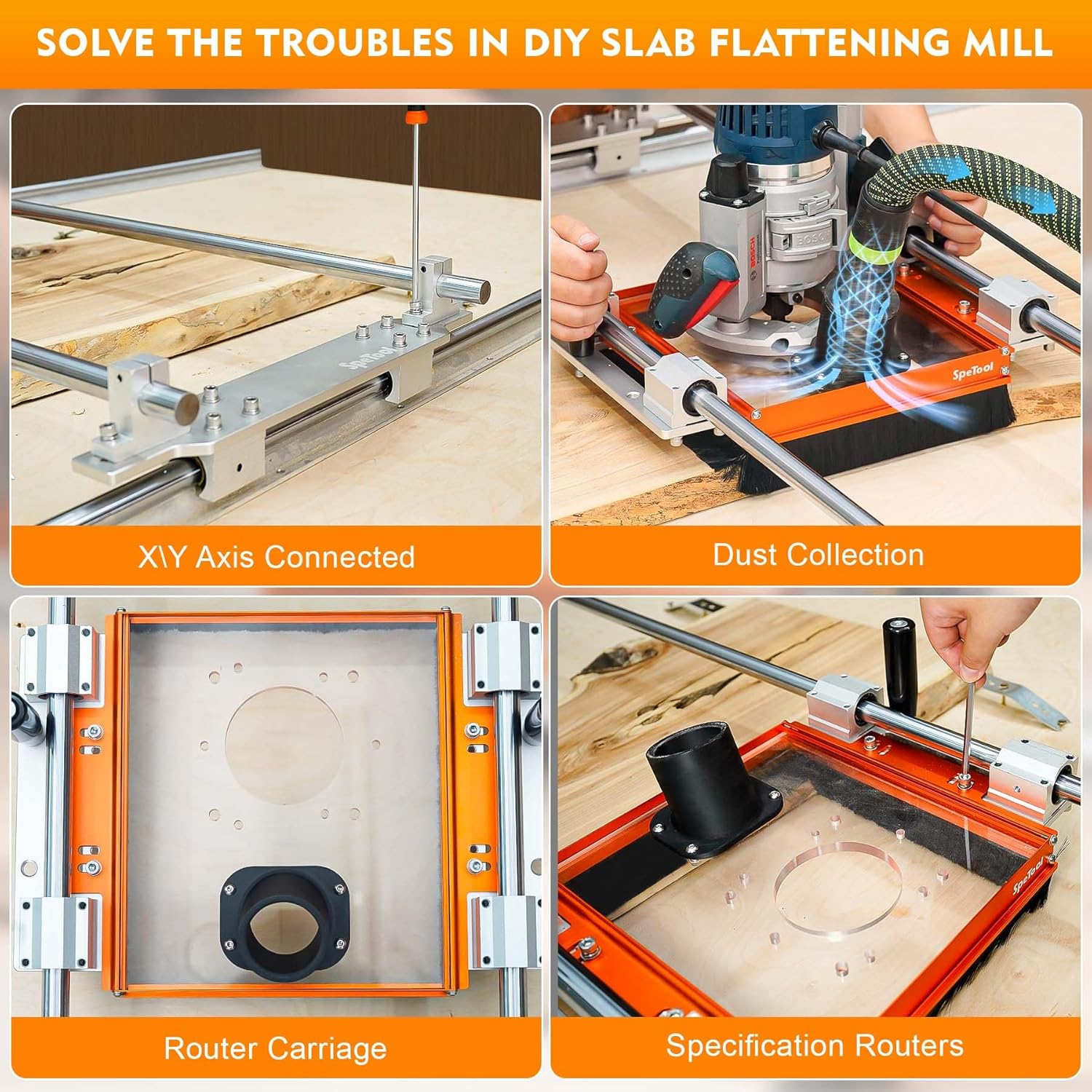 SpeTool Linear Rail Router Sled Slide Connector with Dust Collection, Fit for 20mm Linear Rails and SBR20UU & SCS20UU slide block, with Acrylic Router Plate Compatitable with Multiple Routers